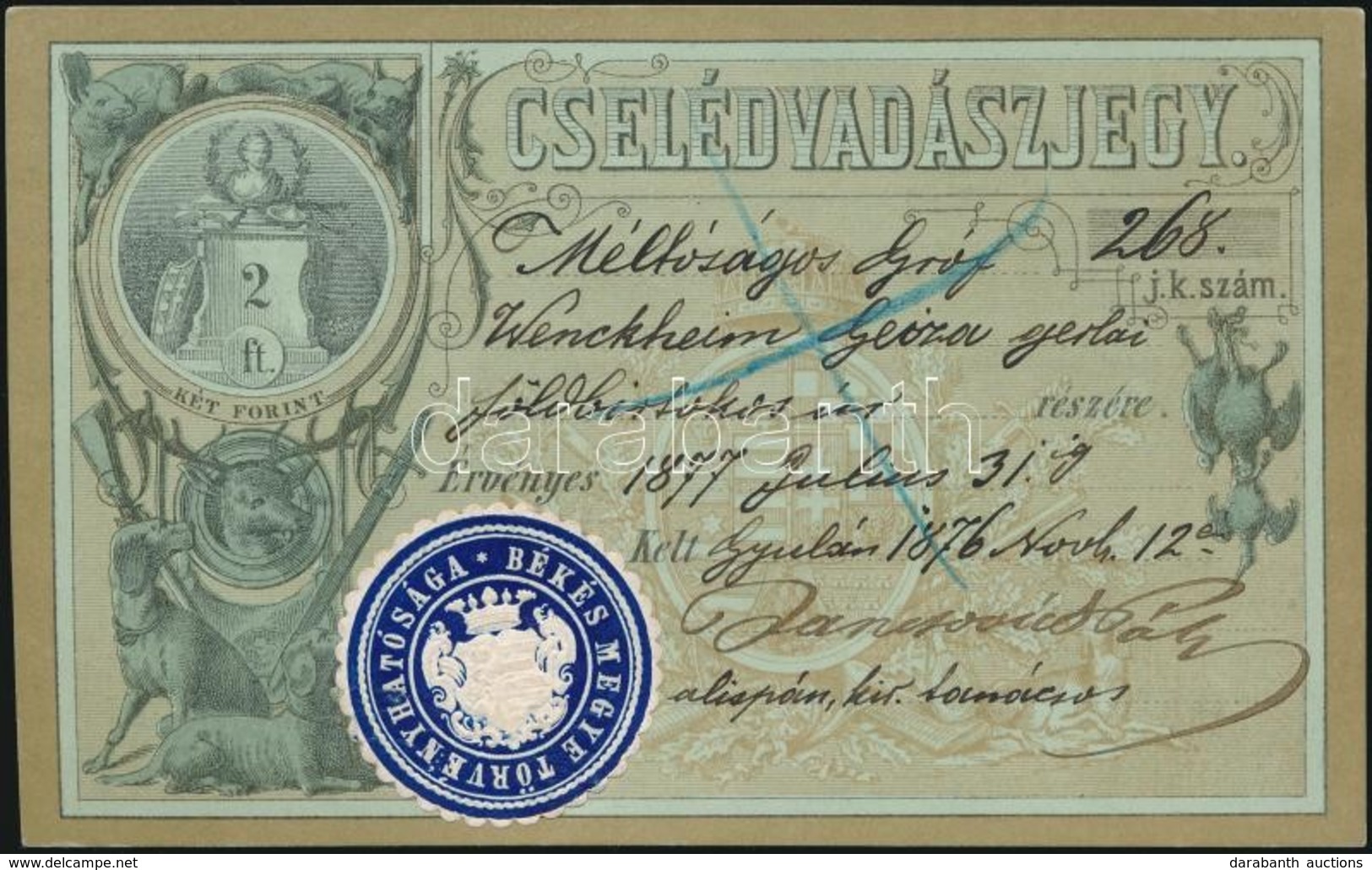 1876 Cselédvadászjegy 2Ft értékjeggyel Gyulán Kiállítva. / Hunting Card - Unclassified