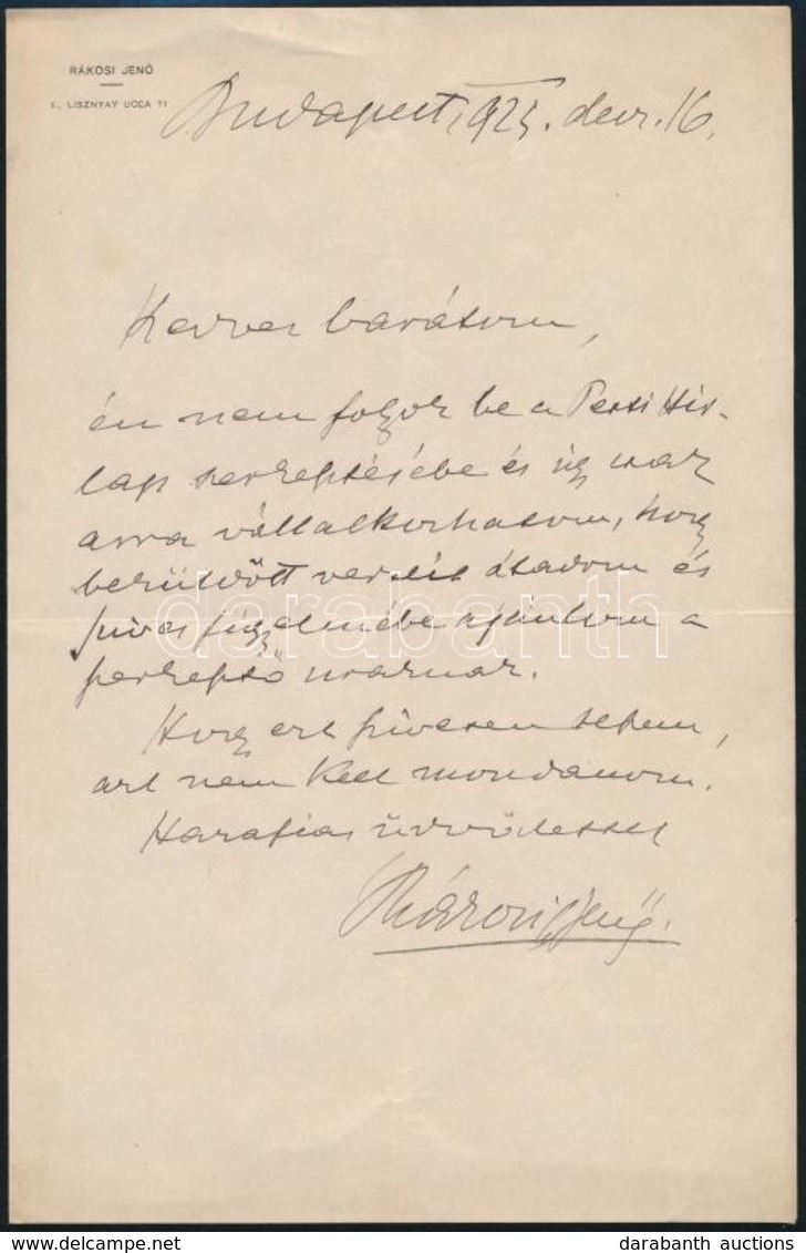 1923 Rákosi Jen? (1842-1929) író Saját Kézzel írt Levele Ágoston Ern? (1889-1957) Fest?, Grafikusnak - Non Classificati
