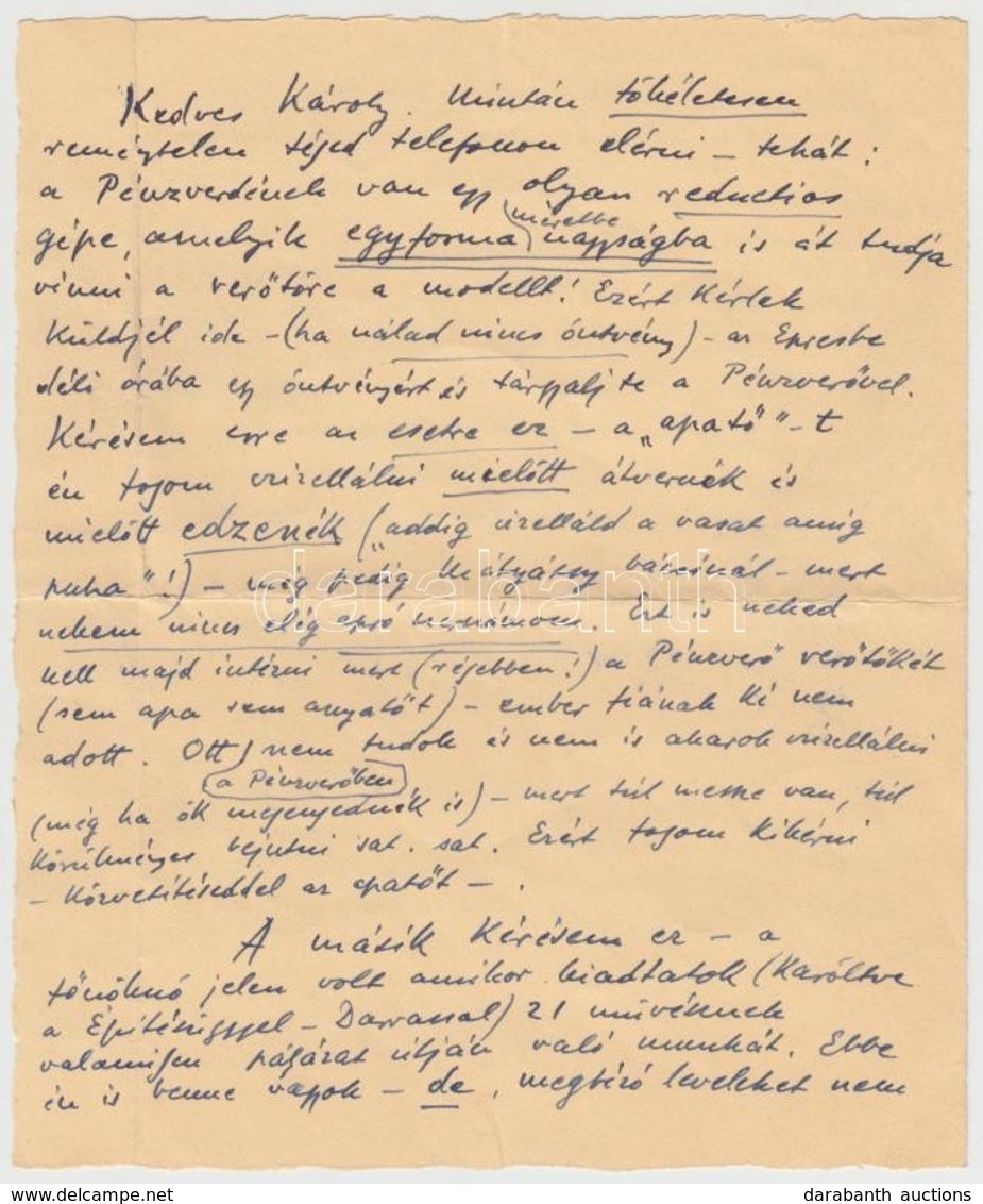Ferenczy Béni (1890-1967) Szobrászm?vész Saját Kézzel írt Levele Egy általa Tervezett érem Verési Munkáival Kapcsolatban - Non Classificati