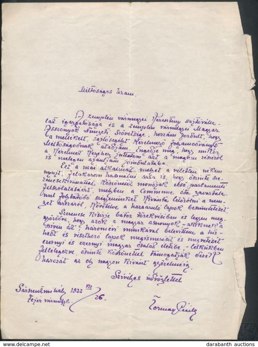 Tormay Cecile (1876-1937) írón? Autográf, Aláírt Levele A Sajtósegély Kieszközölése érdekében írt Folyamodványának Mellé - Non Classificati