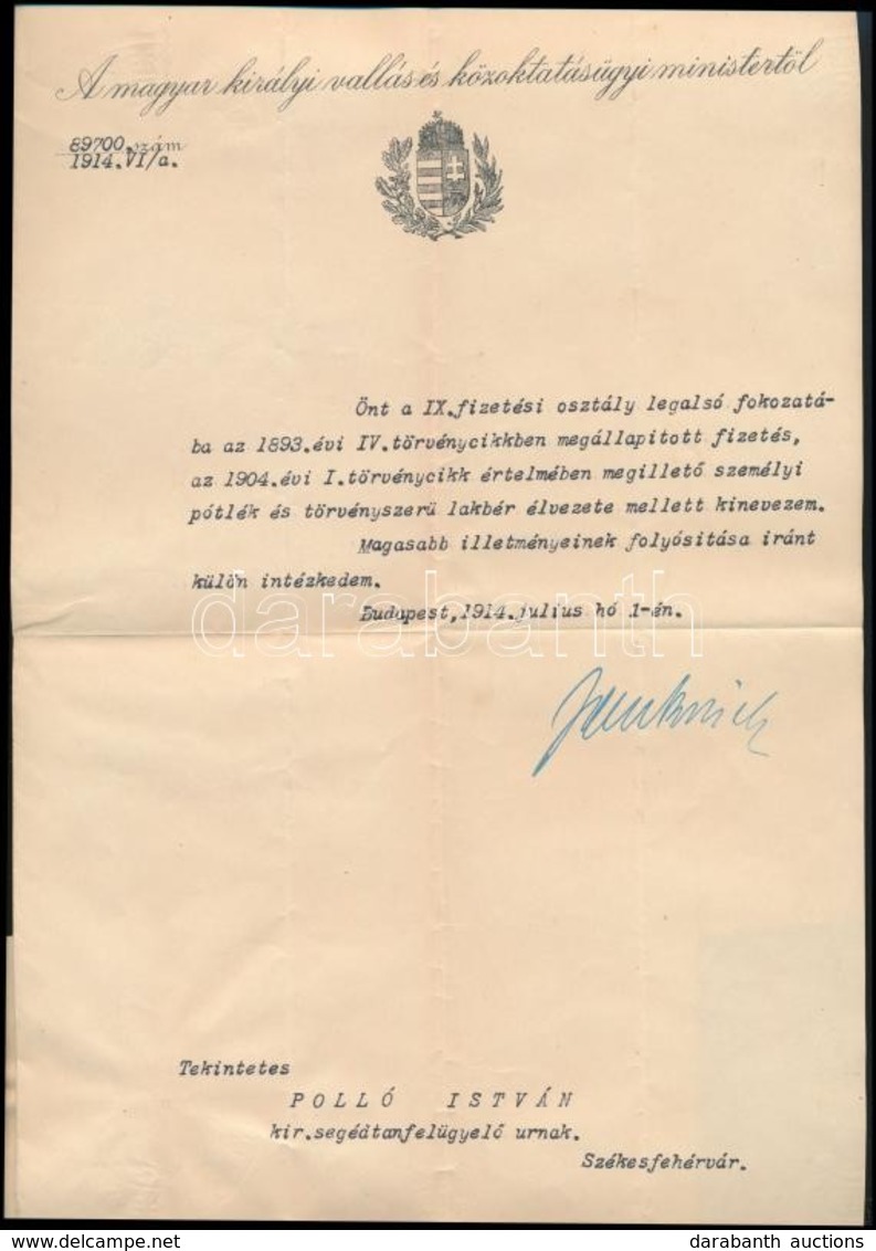 1914 Jankovich Béla Vallás és Közoktatásügyi Miniszter Aláírása Kinevezésen - Other & Unclassified