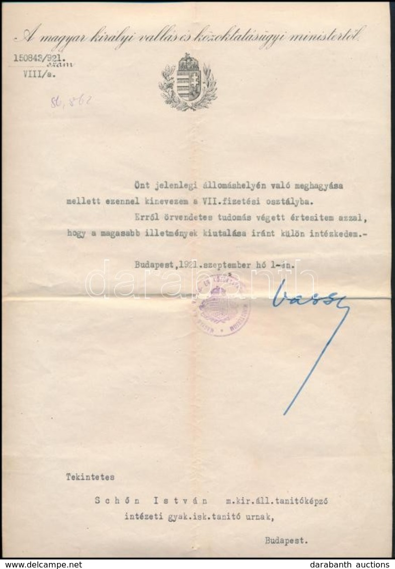 1921 Vass József Vallás és Közoktatásügyi Miniszter Aláírása Hivatalos Levélen - Other & Unclassified