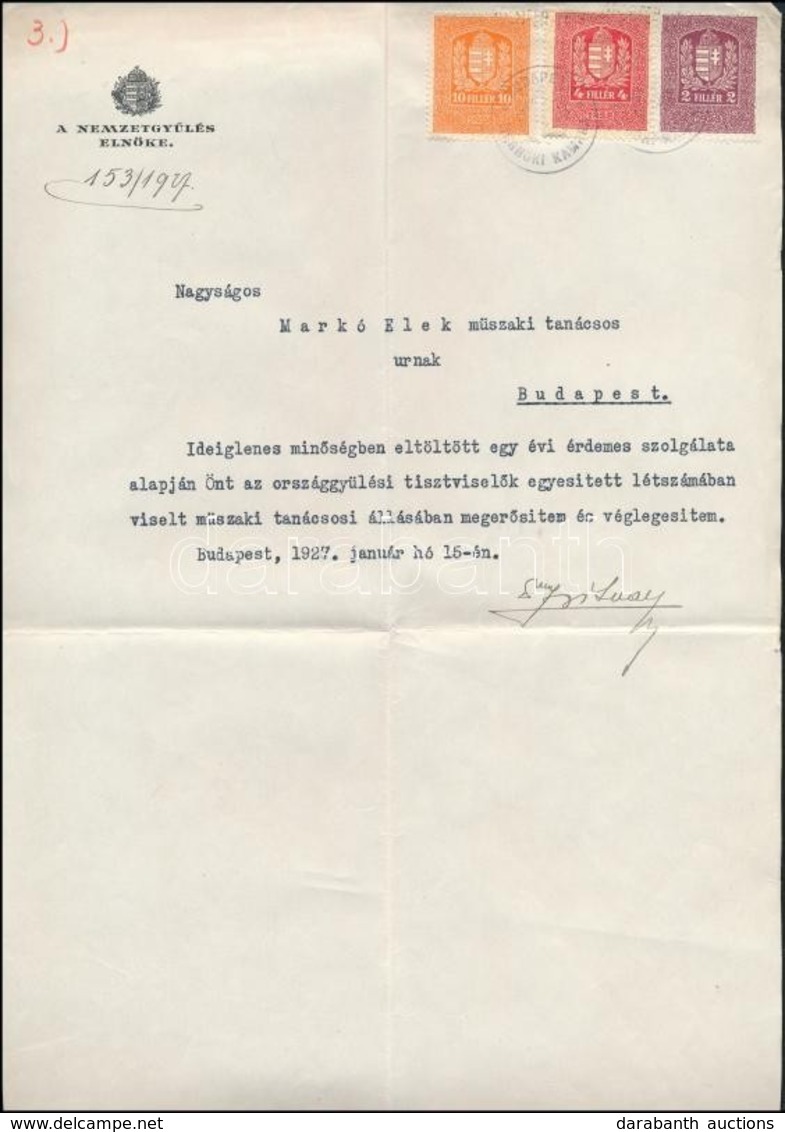 1927 Zsitvay Tibor, A Nemzetgy?lés Elnökének Aláírása Hivatalos Levélen - Altri & Non Classificati