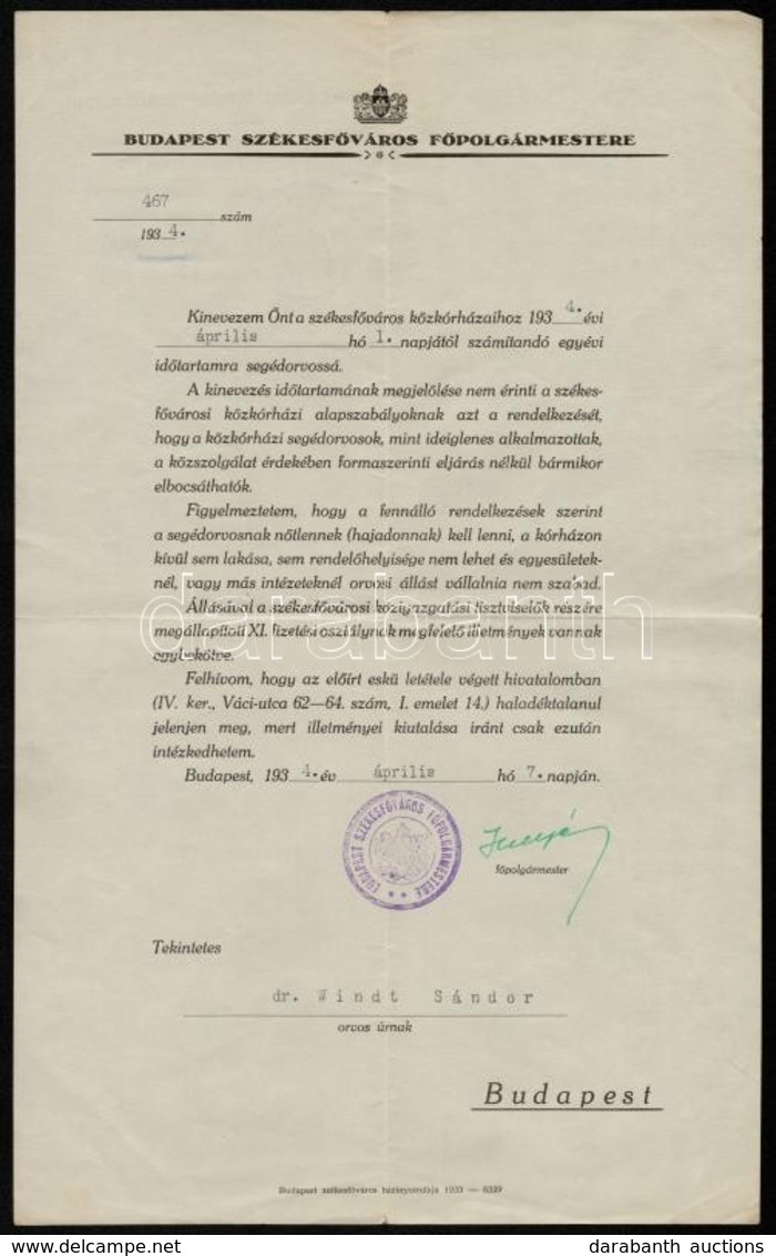 1934 Huszár Aladár Budapest F?polgármesterének Aláírása Kinevezésen - Altri & Non Classificati