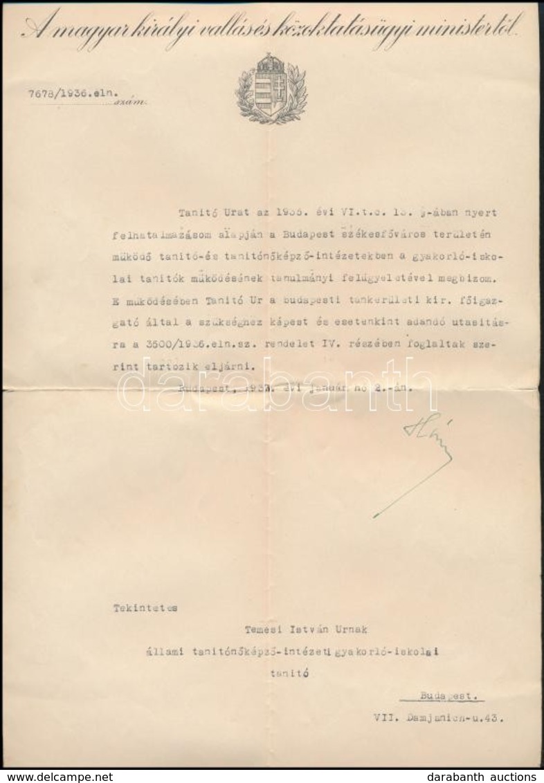 1937 Hóman Bálint Vallás és Közoktatásügyi Miniszter Aláírása Hivatalos Levélen - Altri & Non Classificati