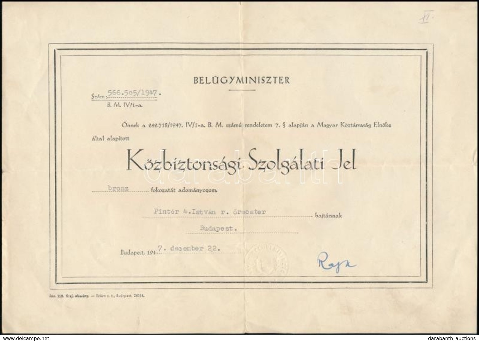 1947 Rajk László Belügyminiszter Aláírása Kitüntetés Adományozó Levélen - Altri & Non Classificati