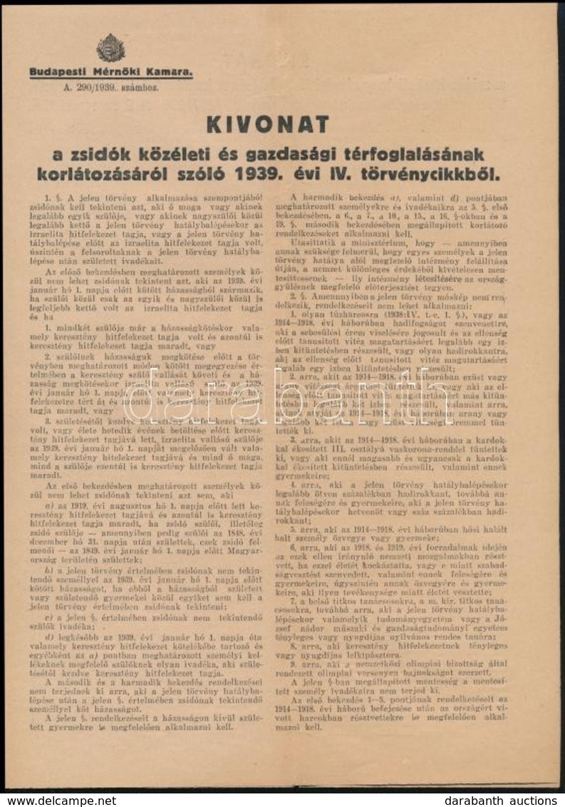 1939 Kivonat A Zsidótörvényb?l A Budapesti Mérnöki Kamara Két Kiadványa. 8p. - Other & Unclassified