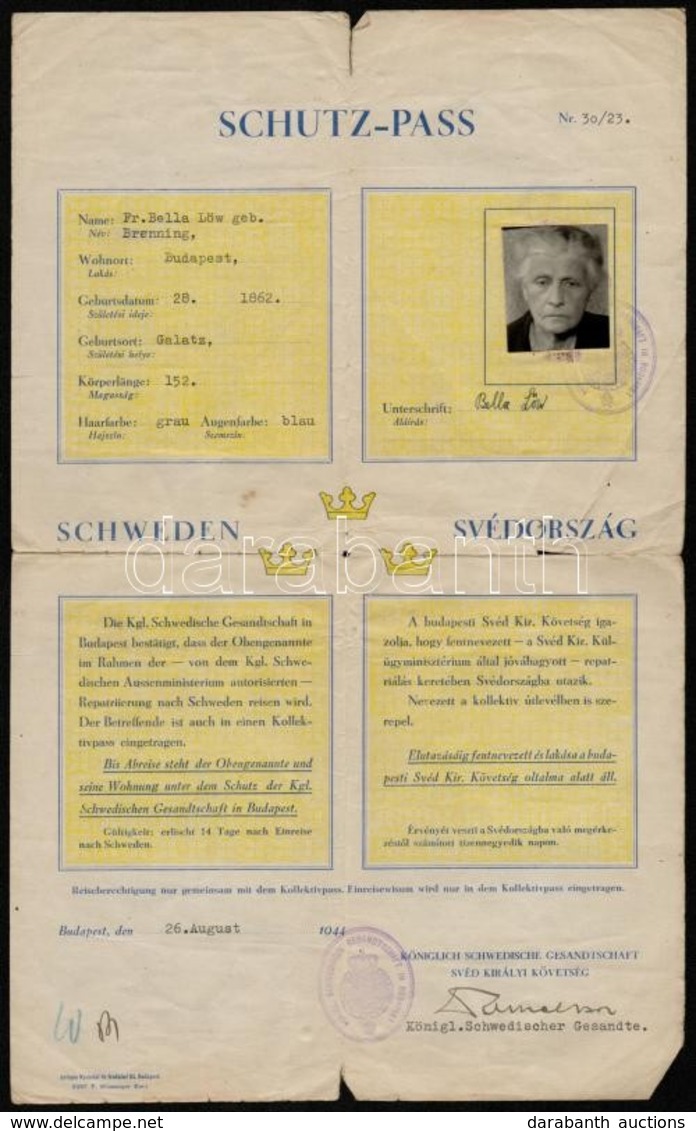 1944 A Budapesti Svéd Követség Fényképes Menlevele (Schutzpass) L?w (sz. Brenning) Bella (1862-1950), L?w Immánuel (1854 - Autres & Non Classés