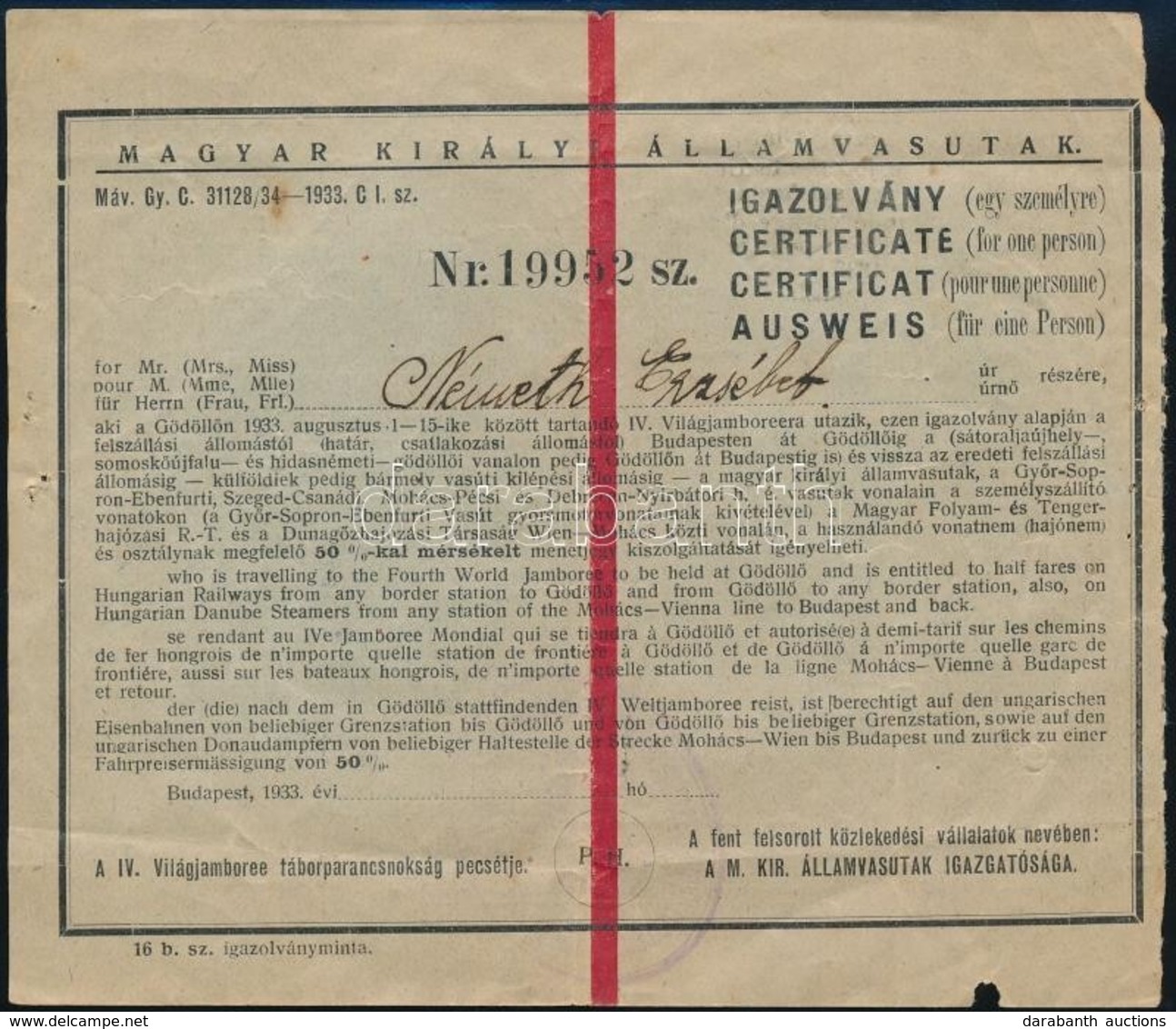 1933 Kedvezményes Utazási Igazolvány A Jamboreera, Lila Táborparancsnoki Bélyegzéssel / 1933 Discount Traveling Ticket F - Scouting