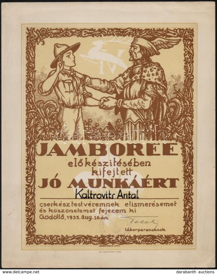 1933 Márton Lajos által Tervezett Cserkész Elismer? Oklevél A Gödöll?i Jamboree El?készítésében Kifejtett Munkáért, Gróf - Scoutismo