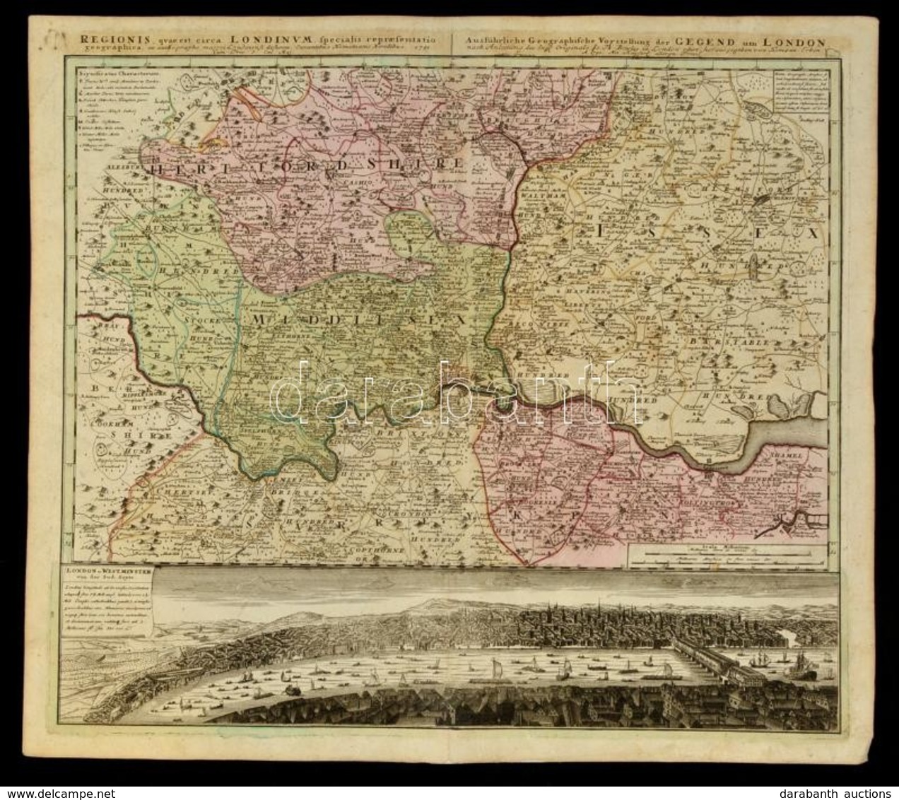 1741 London Térképe és Látképe. Johann Baptist Homann: Ausführliche Geographische Vorstellung Der Gegend Um London Nach  - Other & Unclassified