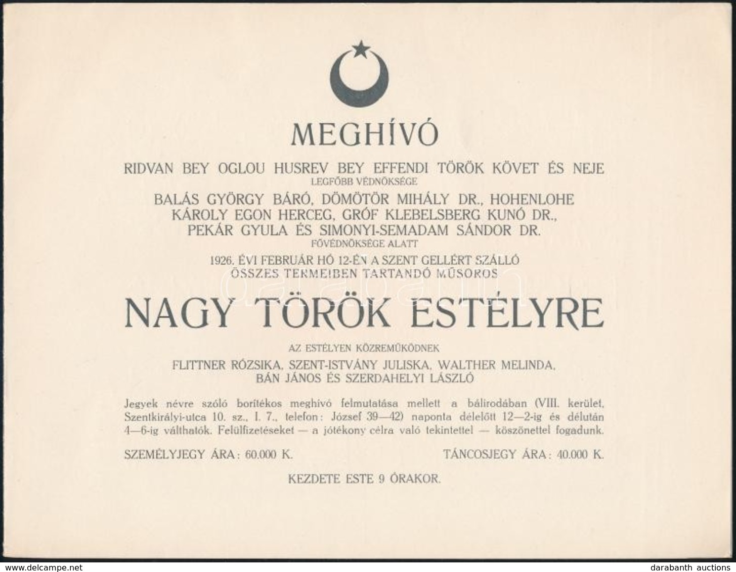 1926 Bp., Meghívó Nagy Török Estélyre, Borítékkal - Unclassified