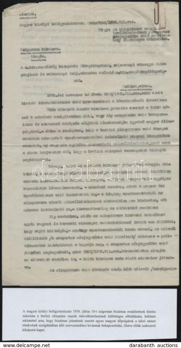 1936 A M. Kir. Belügyminiszter Bizalmas Rendelete Melyben A Berlini Olimpiára Utazók útlevél Kérelmének Elbírálására Ad  - Non Classificati