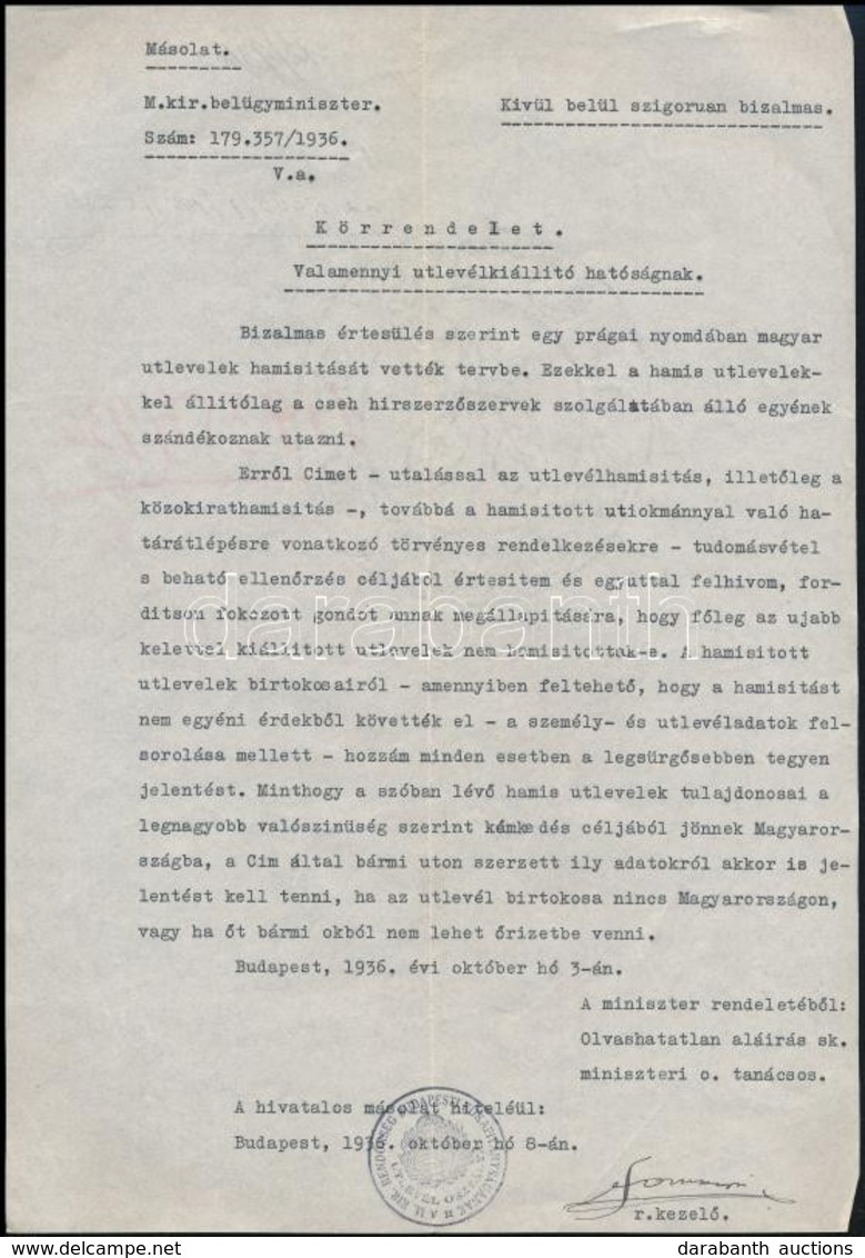 1936 A M. Kir. Belügyminiszter Bizalmas Rendelete Mely Szerint Egy Prágai Nyomdában Magyar útleveleket Kívánnak Hamisíta - Non Classificati