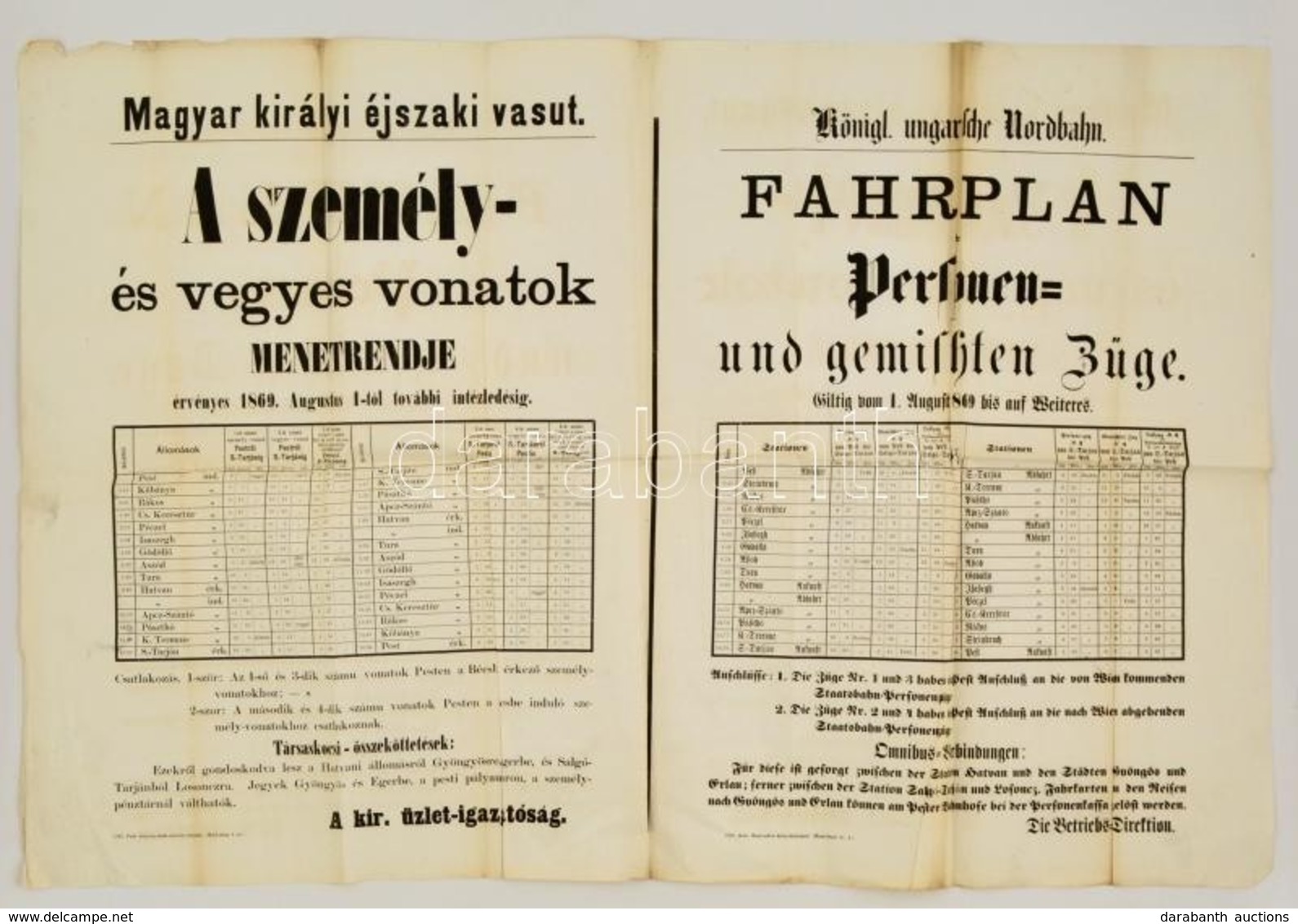 1869 Magyar Királyi Északi Vasút Menetrendje Nagyméret? Plakáton, Magyar és Német Nyelven, Hatásnyommal, 65x98 Cm /  186 - Altri & Non Classificati