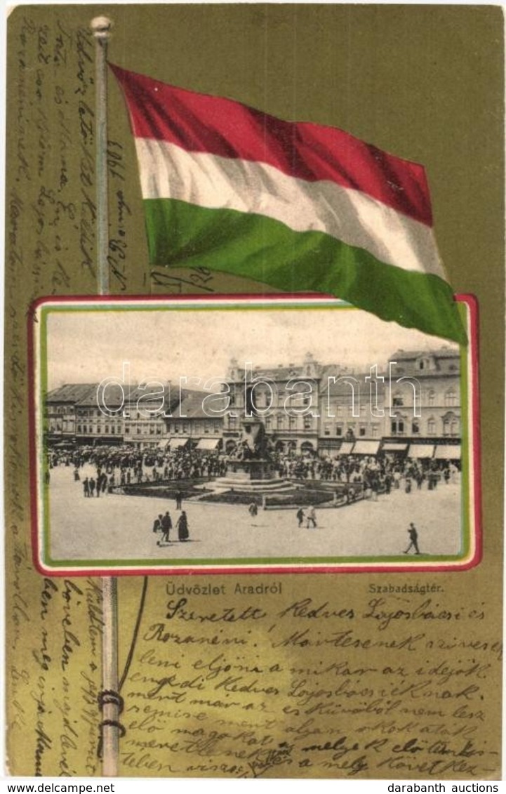 T2/T3 1903 Arad, Szabadság Tér üzletekkel. Magyar Zászlós Litho Keret / Square With Shops. Hungarian Flag Litho Frame  ( - Non Classificati