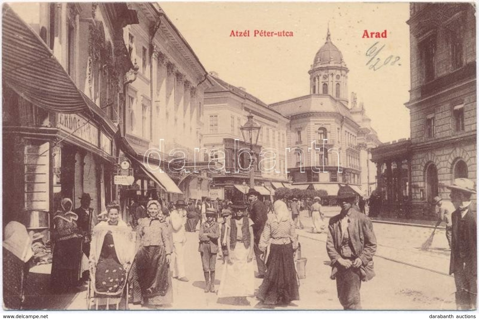 T2 1908 Arad, Atzél Péter Utca, Központi Divatáruház, Erd?s és óra-ékszer üzlet. W.L. 494. / Street View With Shops - Unclassified