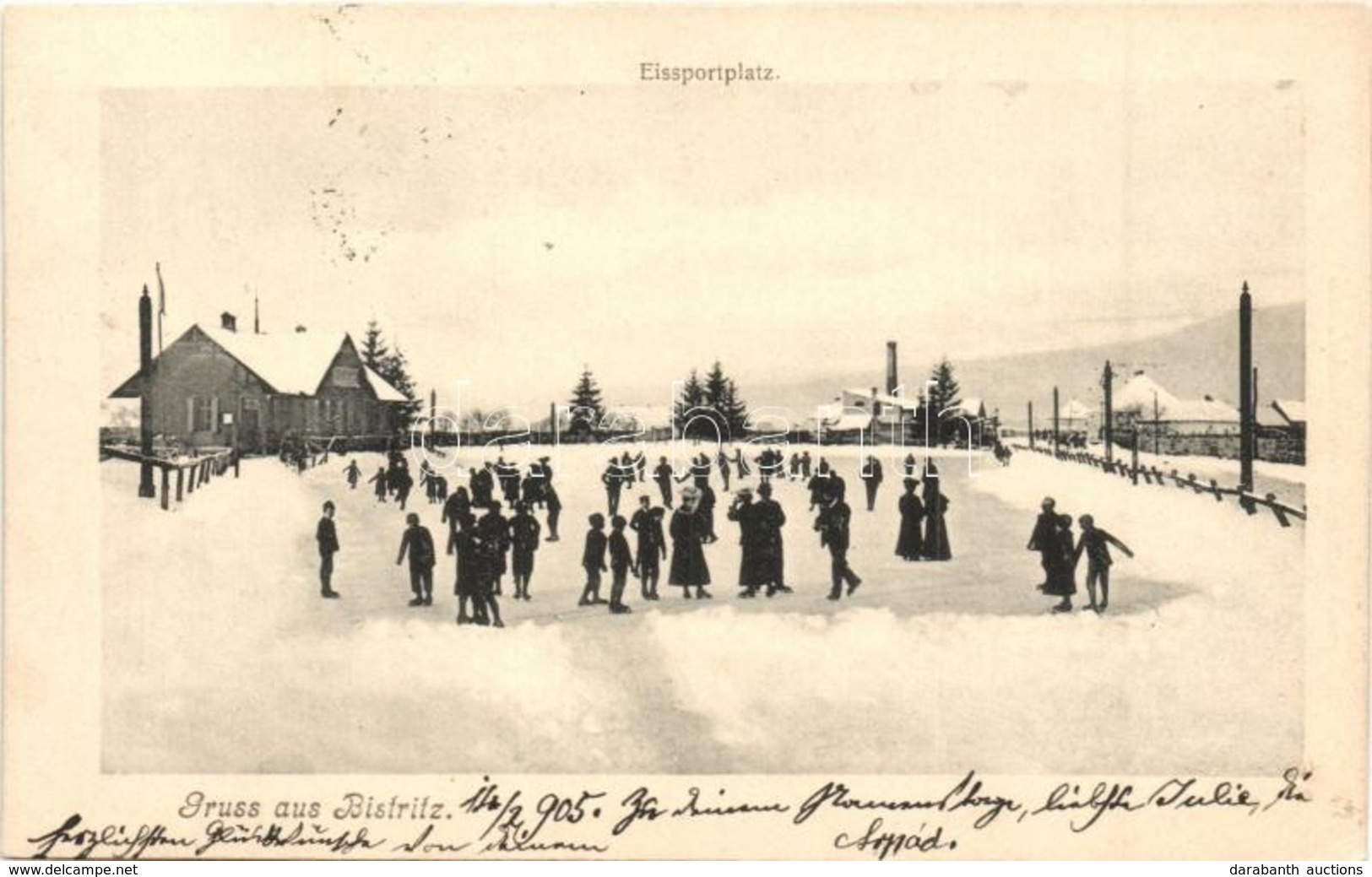 T2/T3 1905 Beszterce, Bistritz, Bistrita; Jégpálya Korcsolyázókkal Télen / Eissportplatz / Ice Skating Rink In Winter  ( - Non Classificati