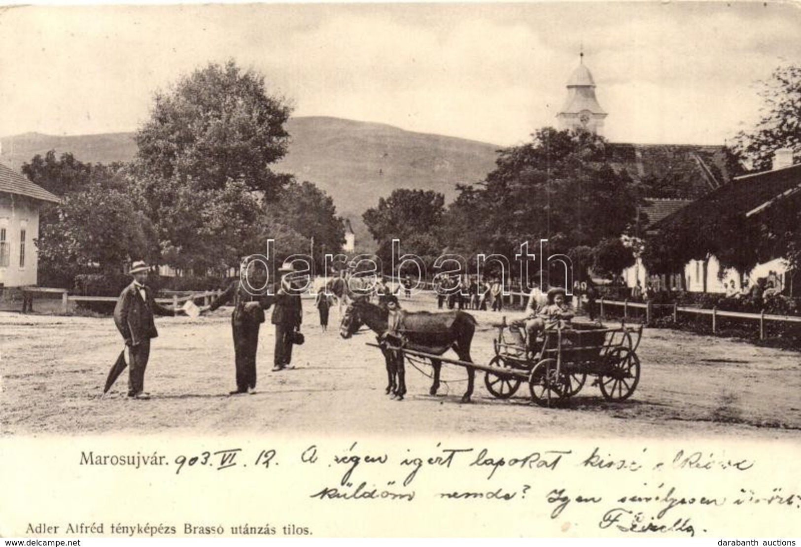 T2/T3 1903 Marosújvár, Ocna Mures; Utcakép Templommal és Lovaskocsival. Adler Alfréd Fényképész / Street View With Churc - Unclassified