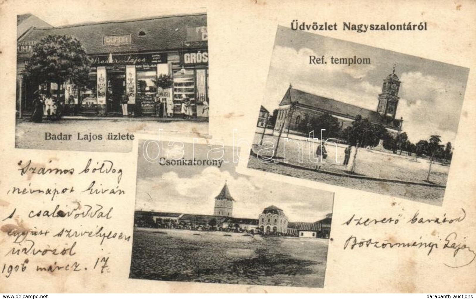 T2/T3 Nagyszalonta, Salonta; Csonkatorony, Református Templom, Badar Lajos és Grósz üzlete / Tower, Church, Shops (fl) - Unclassified