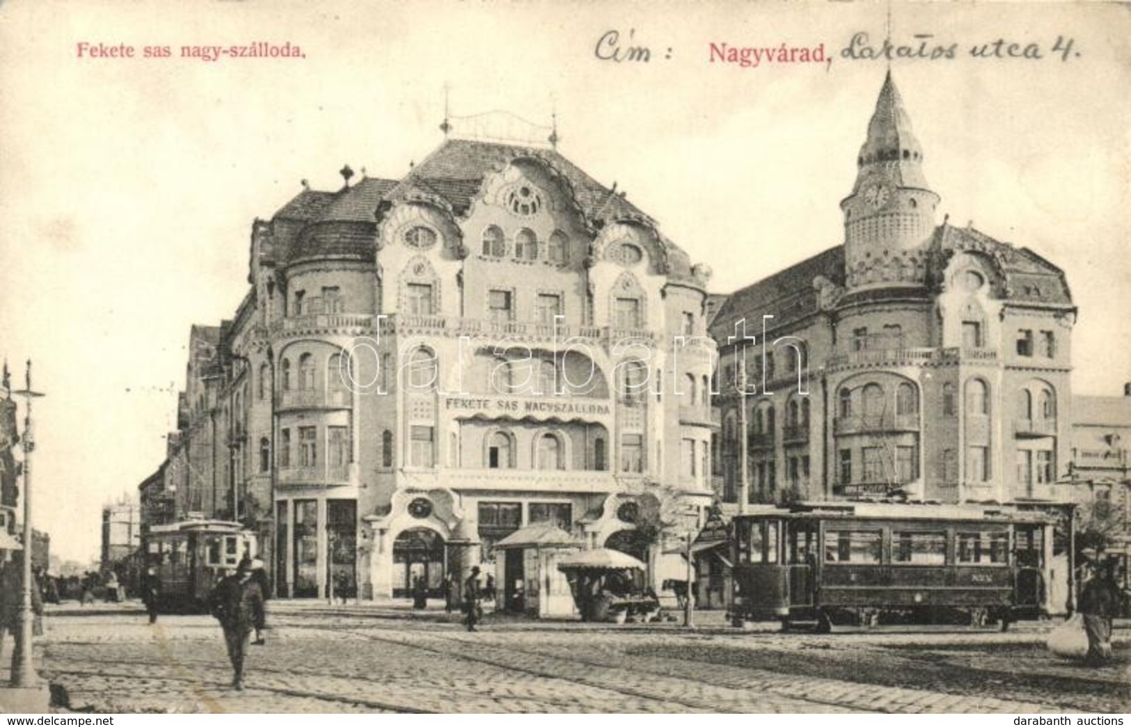 T2 Nagyvárad, Oradea; Fekete Sas Nagyszálloda, Villamosok. Kapható Rákos Vilmosnál / Hotel, Trams - Unclassified