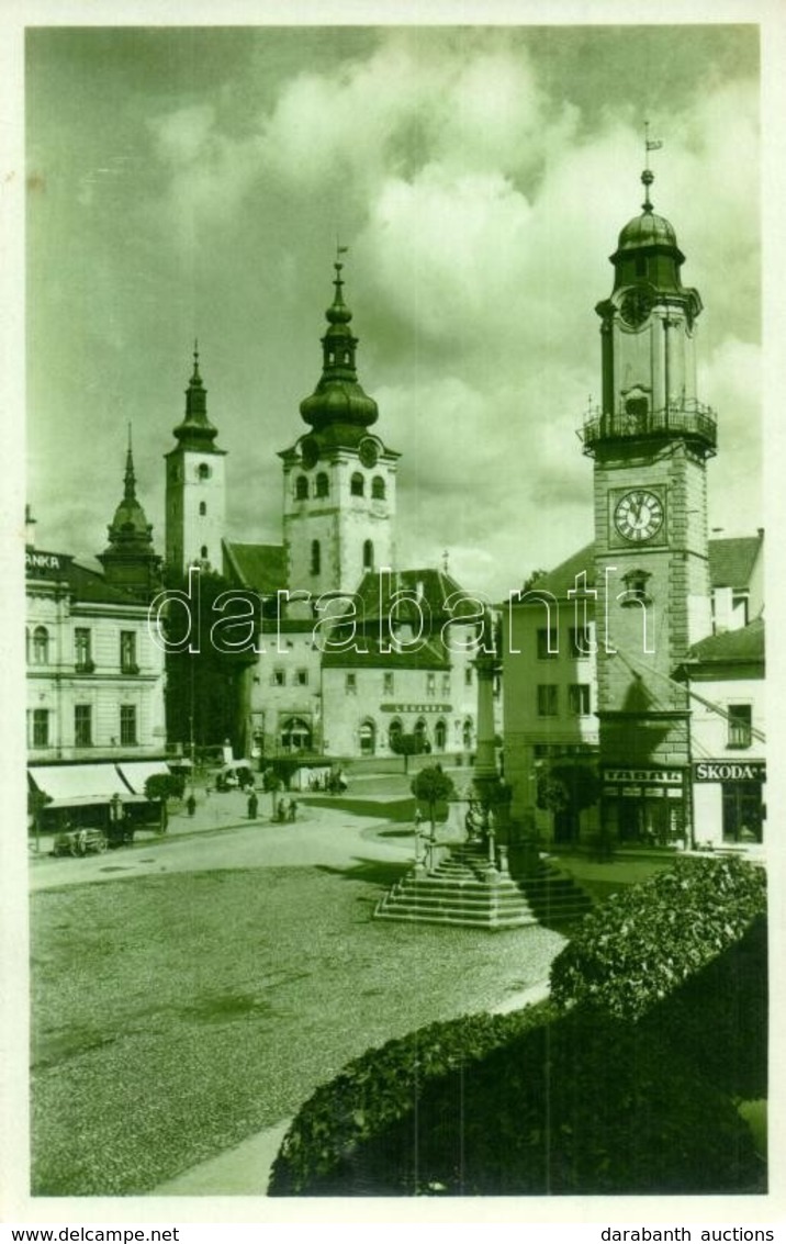 T2 1937 Besztercebánya, Banská Bystrica; Masaryk Tér, Templomok, Toronyóra, Gyógyszertár, Takarékpénztár, Dohánybolt, Sk - Non Classificati