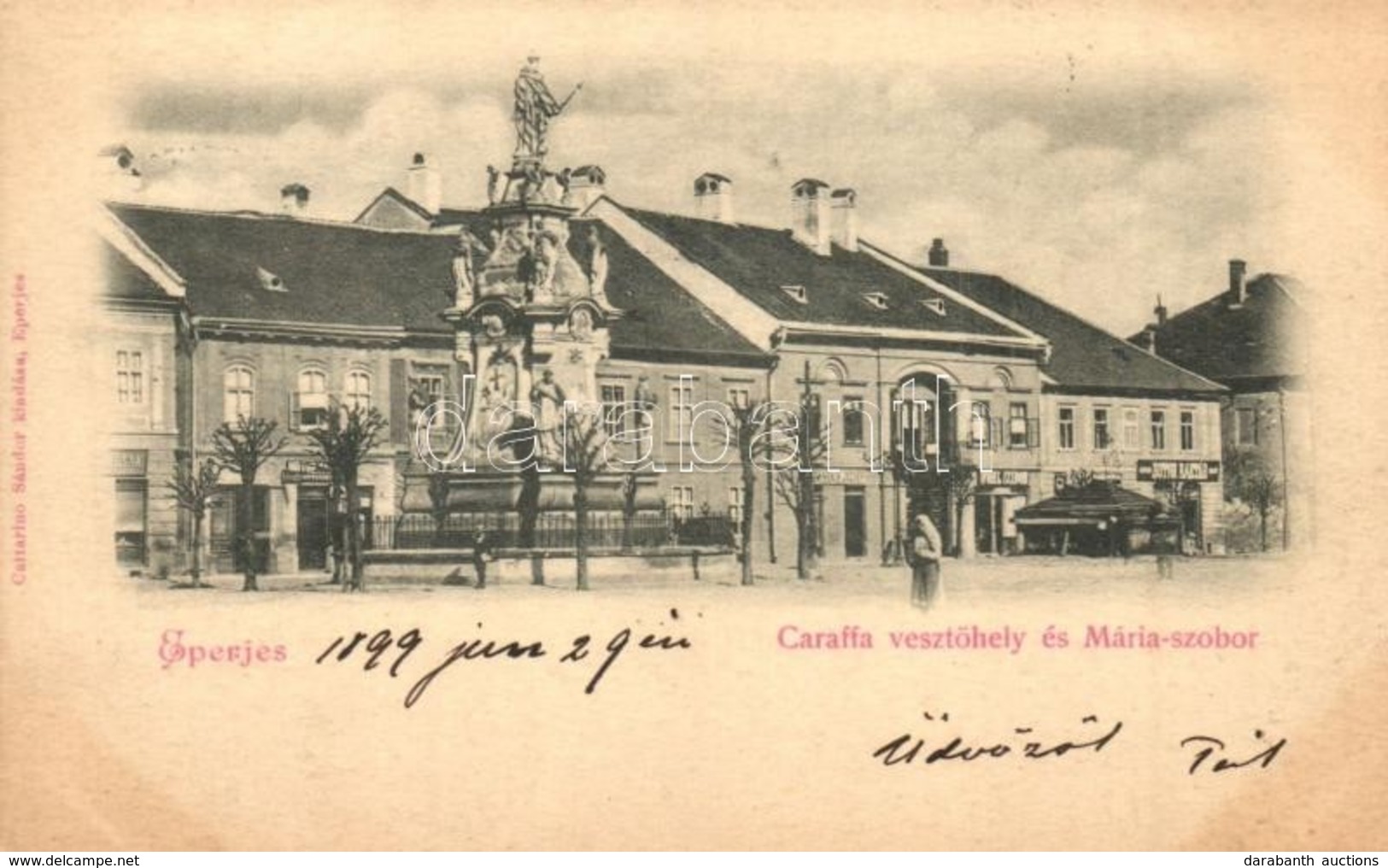 T2 1899 Eperjes, Presov; Caraffa-veszt?hely és Mária Szobor, Wohl Izidor és Bútorraktár üzlet / Martyrs' Monument And St - Non Classificati