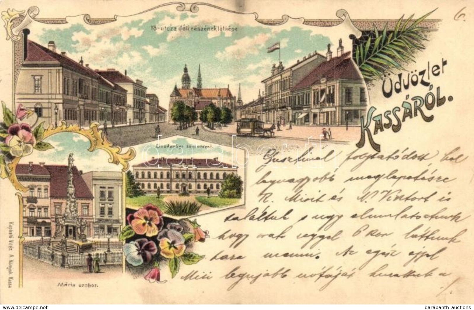 T2 ~1899 Kassa, Kosice; F? Utca Déli Része, Gazdasági Tanintézet, Mária Szobor. Kapható Vitéz A. Kömjok / Main Street, S - Non Classificati