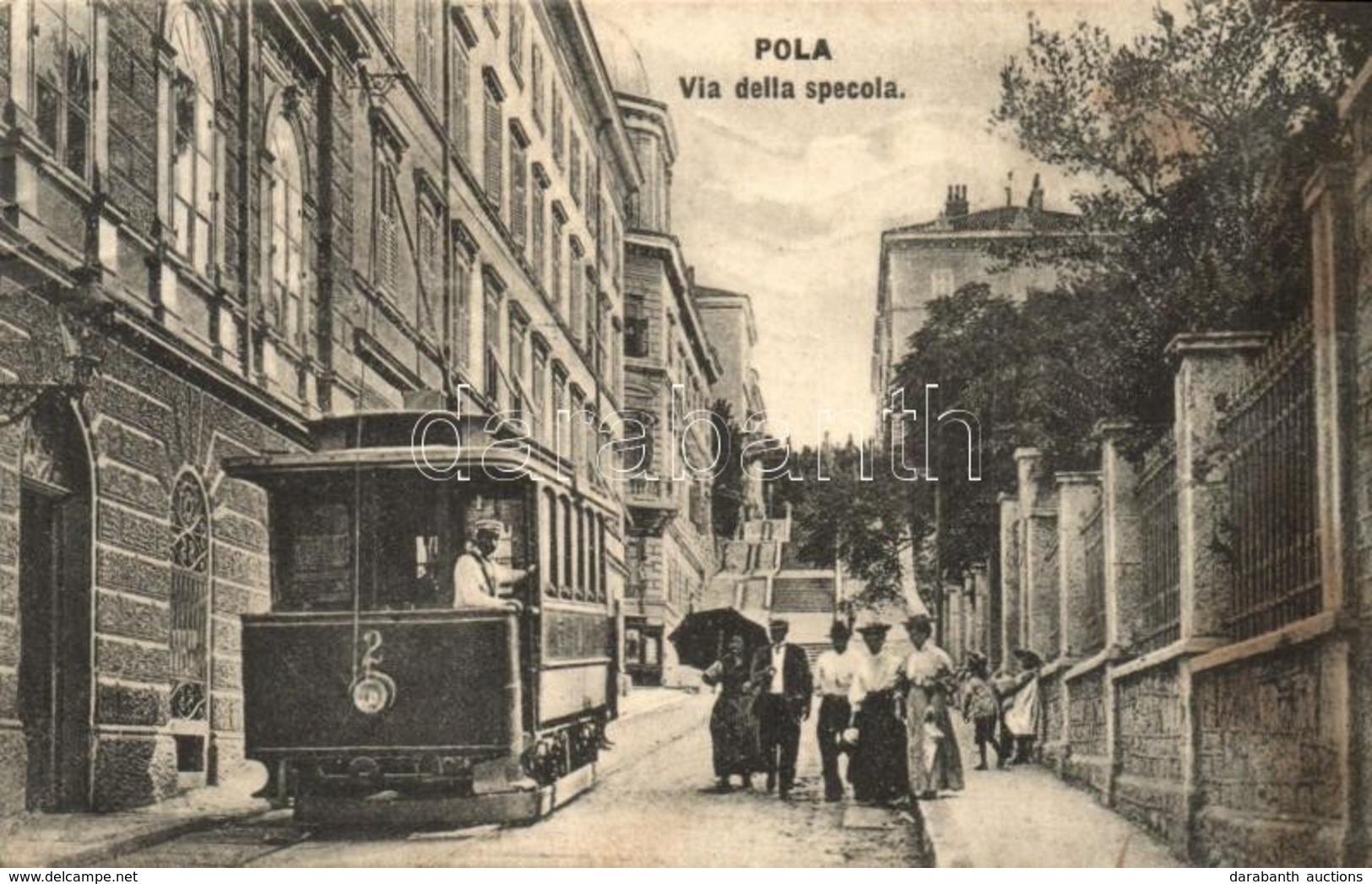 T3 Pola, Pula; Utcakép Villamossal / Via Della Specola / Street View With Tram. G. Costalunga 1909. (fl) - Zonder Classificatie