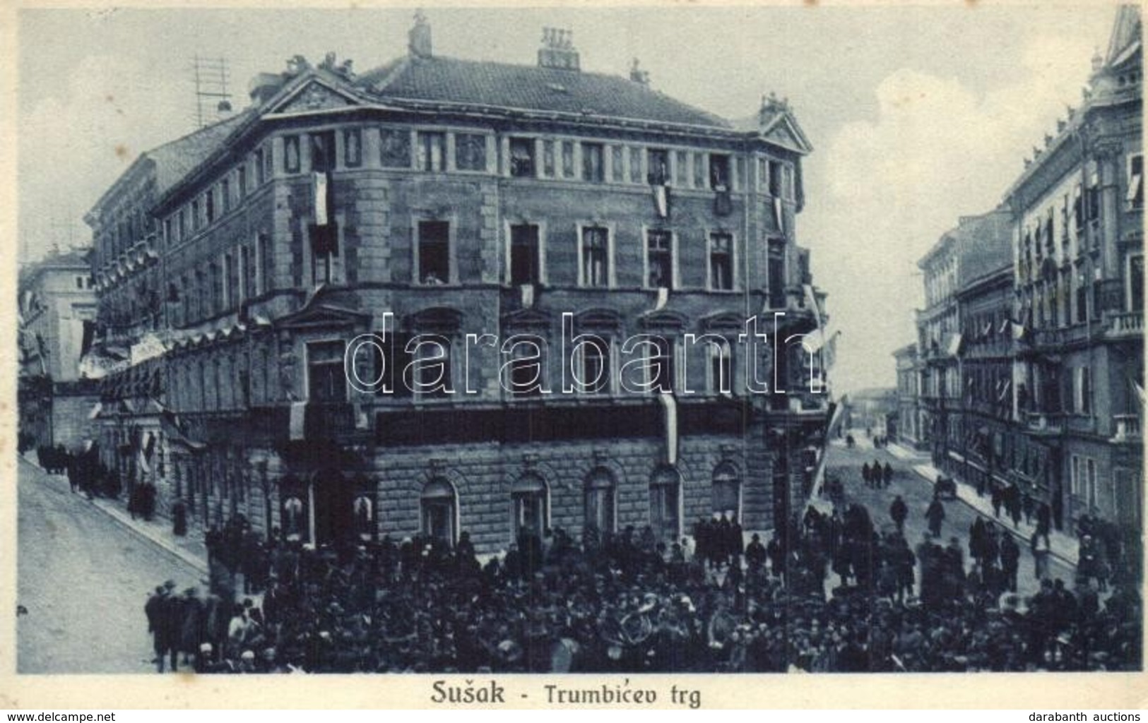 ** T2/T3 Susak, Sansego; Trumbicev Trg / Square With Celebrating Crowd And Croatian Flags (fl) - Zonder Classificatie