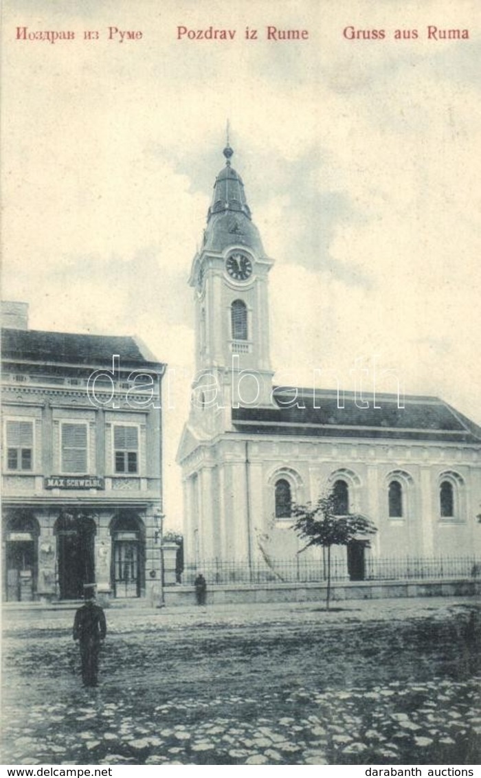 T1/T2 1905 Árpatarló, Ruma; Utcakép Templommal és Max Schwelbi üzletével / Street View With Church And Shop - Non Classificati
