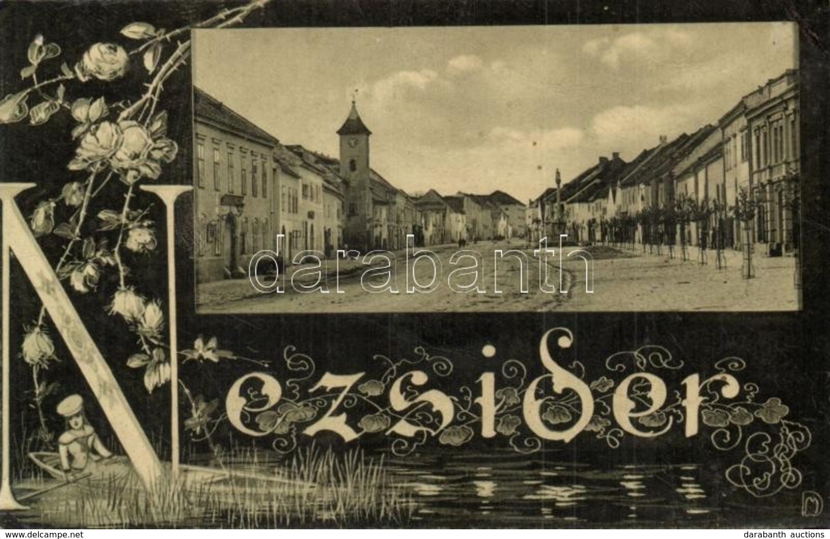 ** T3 Nezsider, Neusiedl Am See; Utcakép. Szecessziós Keret, Kiadja Horváth J. / Street View. Art Nouveau, Floral Frame  - Non Classificati