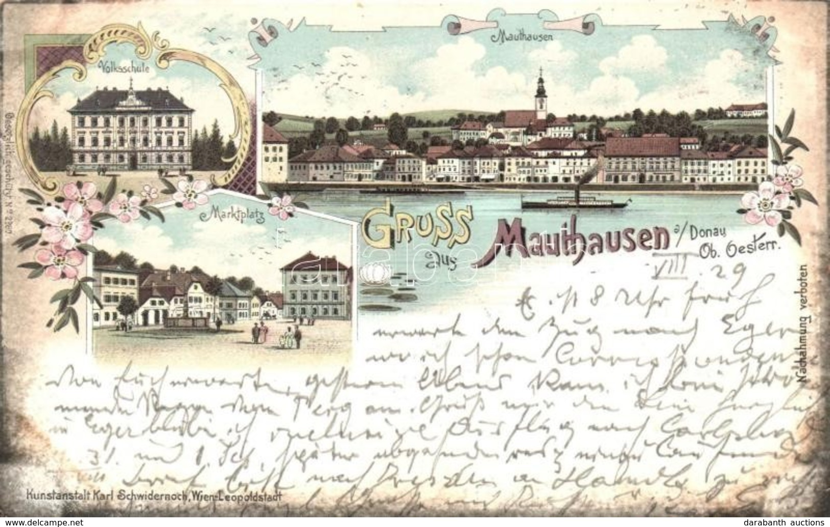 T2/T3 1898 Mauthausen, Volksschule, Marktplatz / School, Market Scqaure. Kunstanstalt Karl Schwidernoch Art Nouveau, Flo - Non Classificati