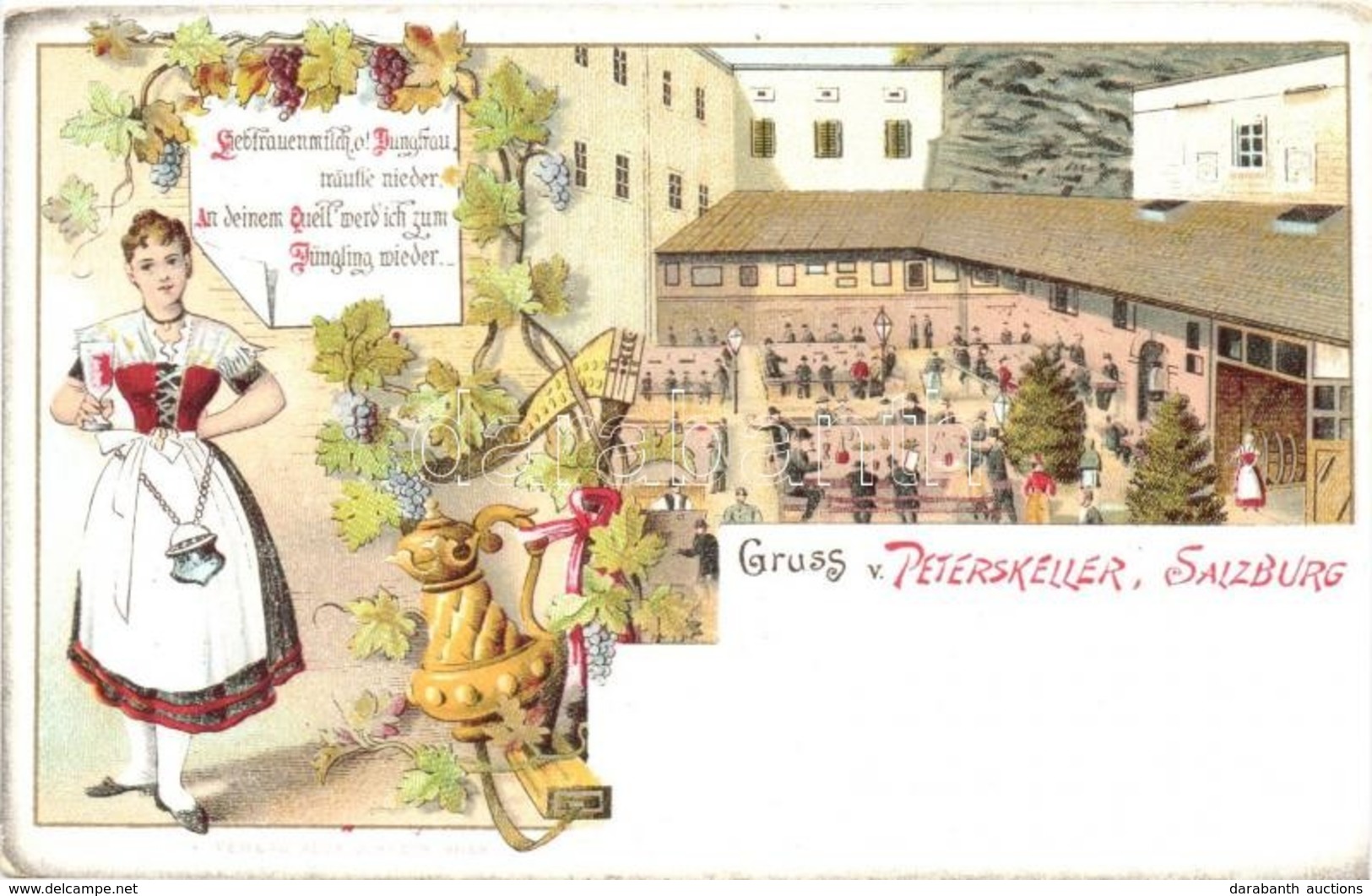 ** T2/T3 Salzburg, Peterskeller. Verlag Alex J. Klein / Beer Hall And Restaurant With Waitress. Art Nouveau, Floral, Lit - Non Classificati