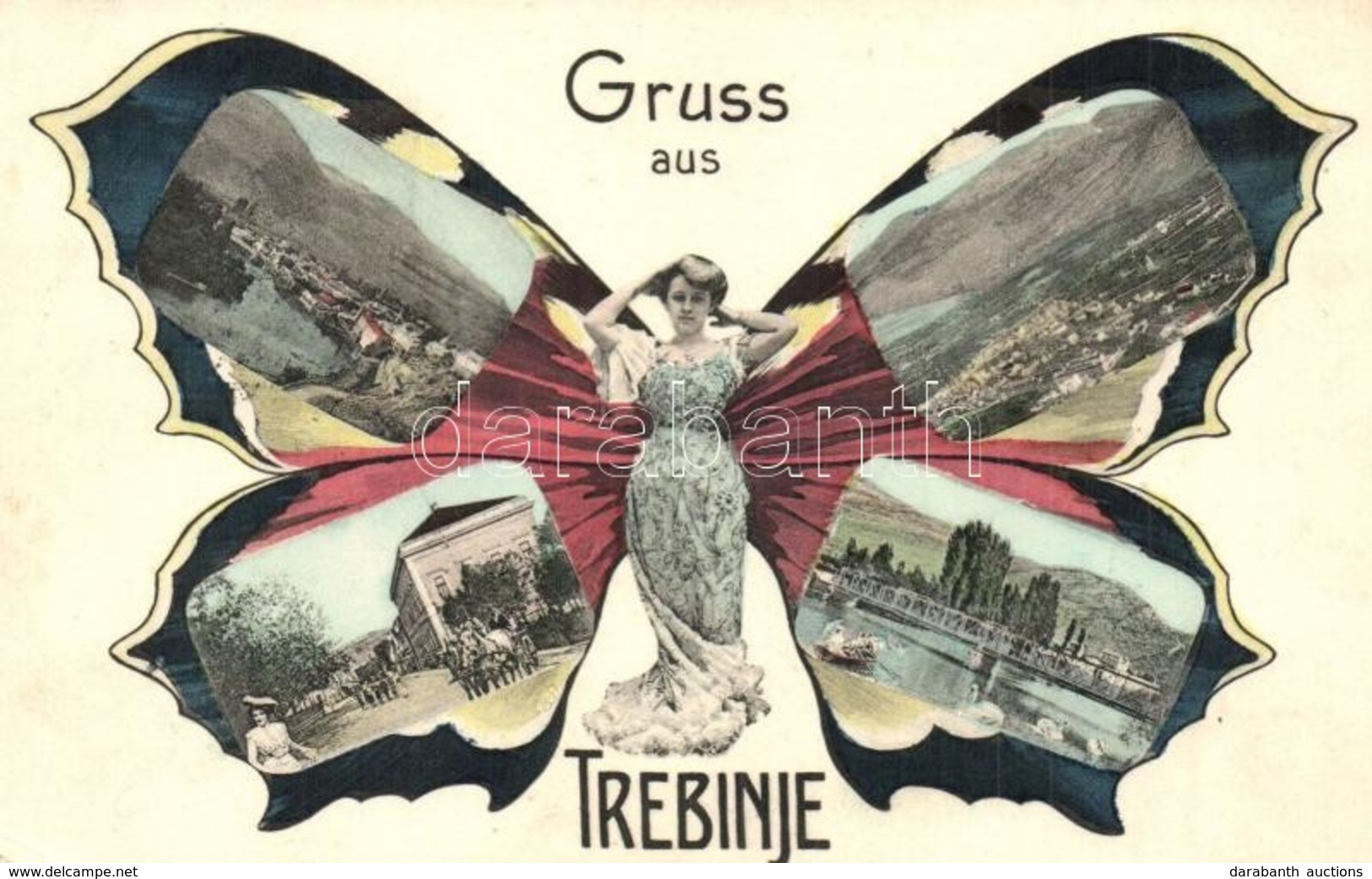 * T3 1909 Trebinje, Gruss Aus / Butterfly Lady Montage Postcard (Rb) - Non Classificati