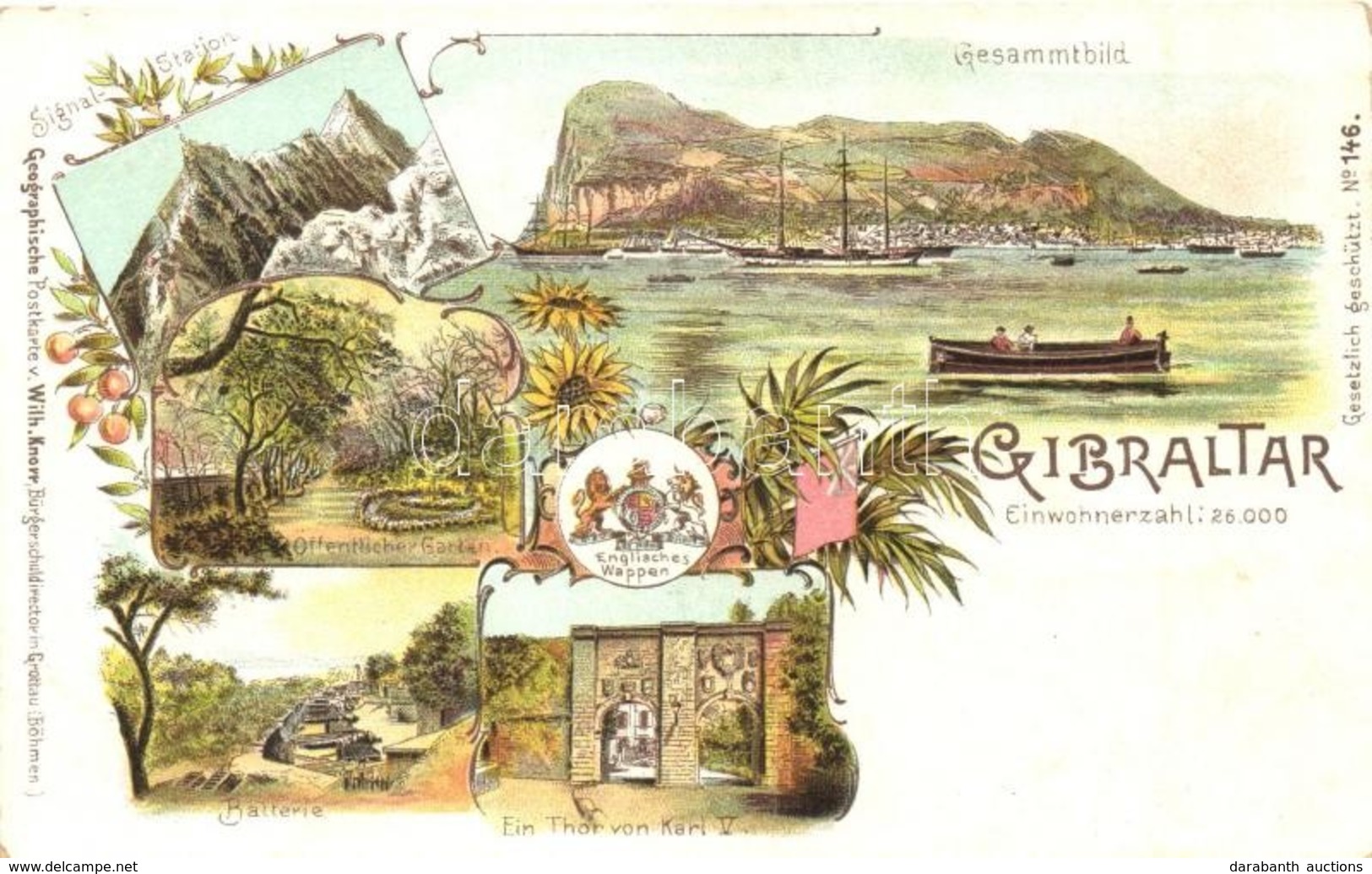** T1/T2 Gibraltar. Signal-Station, Batterie, Ein Thor Von Karl V, Öffentliche Garden. Geographische Postkarte V. Wilhel - Non Classificati
