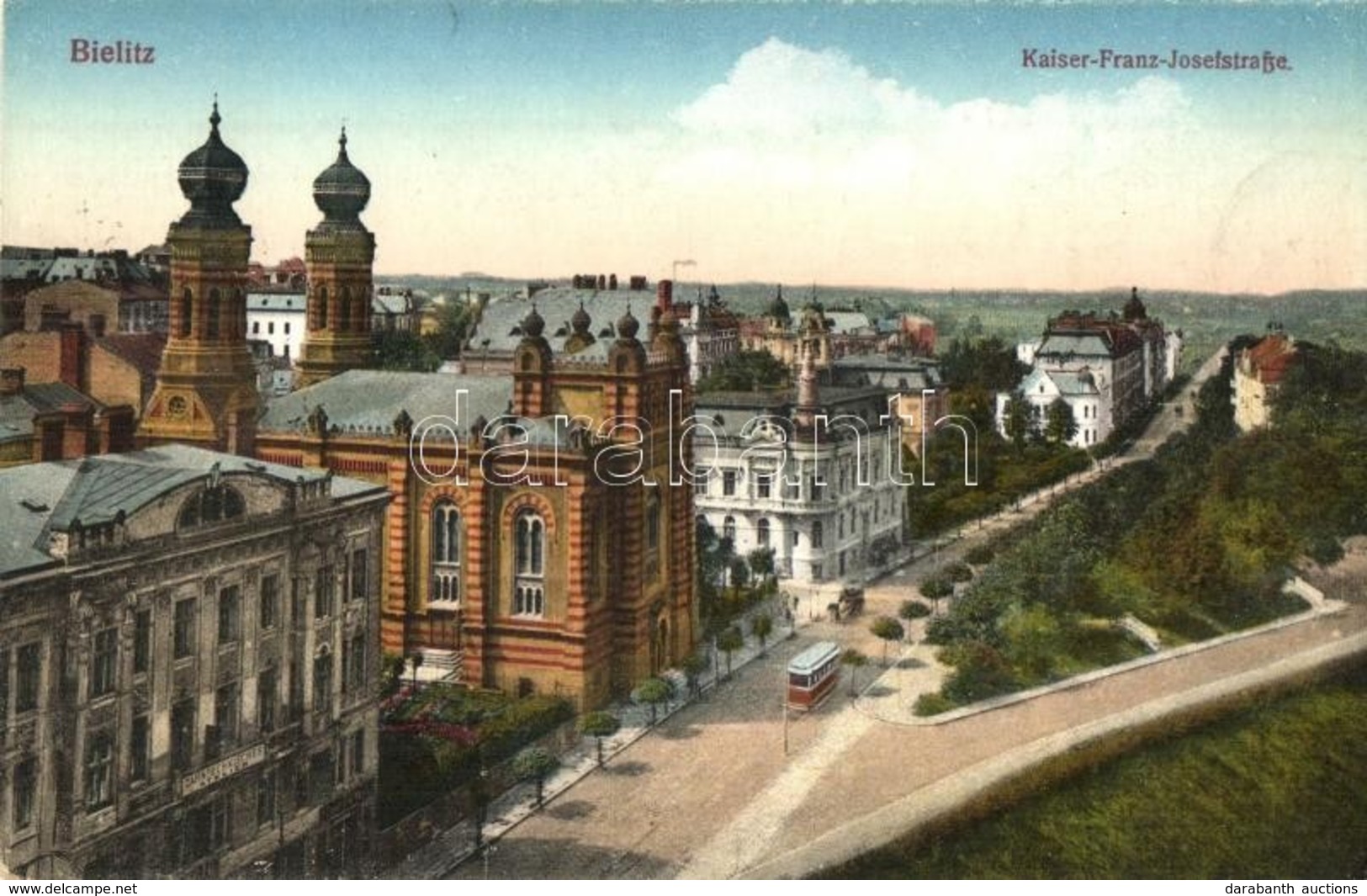 T2/T3 Bielsko-Biala, Bielitz; Kaiser Franz Josefstrasse, Zahntechnisches Atelier / Street View With Synagogue, Tram, Den - Non Classificati