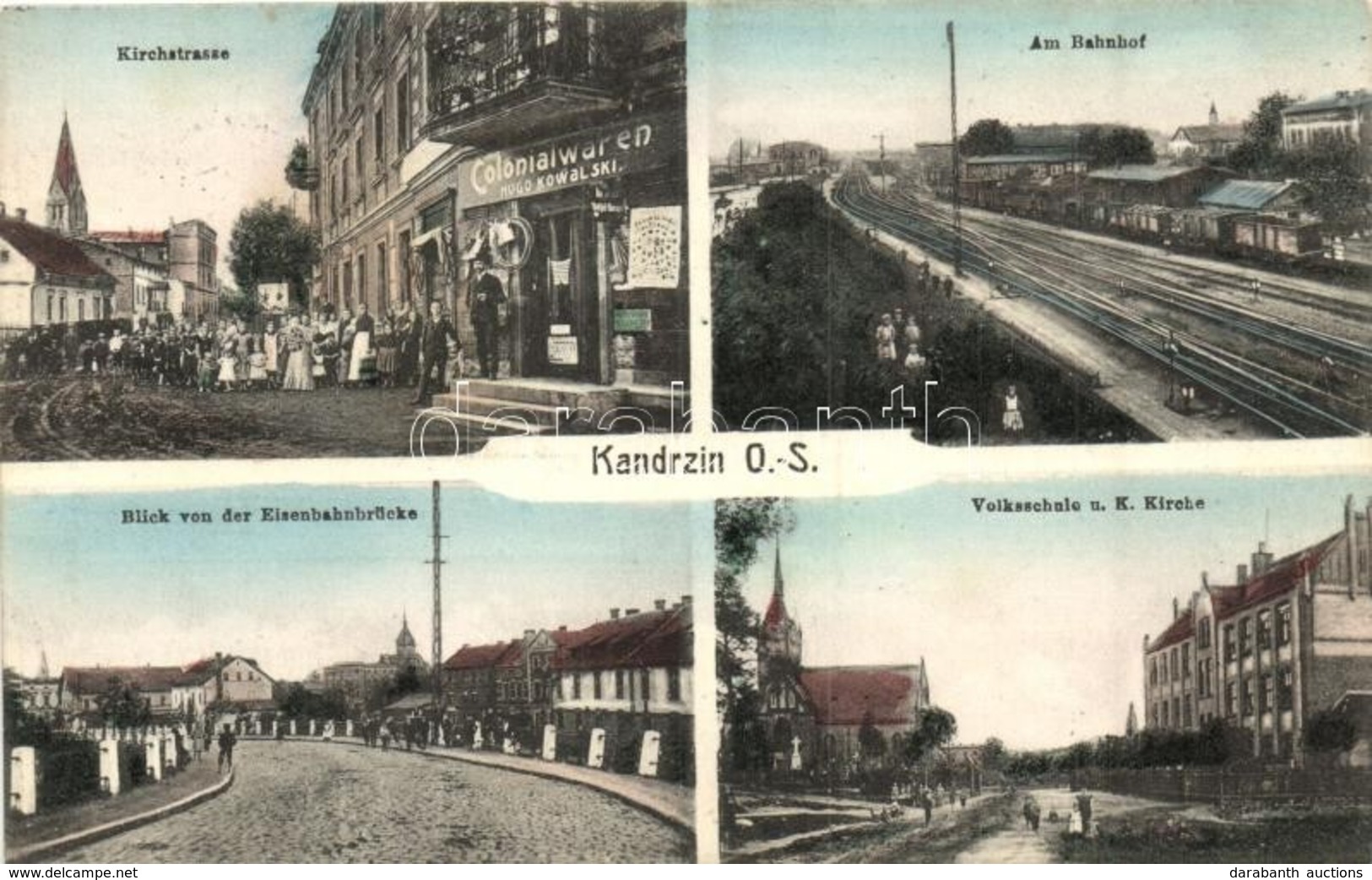 T2 Kedzierzyn, Kandrzin; Kirchstrasse, Bahnhof, Volksschule, Blick Von Der Eisenbahnbrücke, Colonialwaren Hugo Kowalski  - Non Classificati