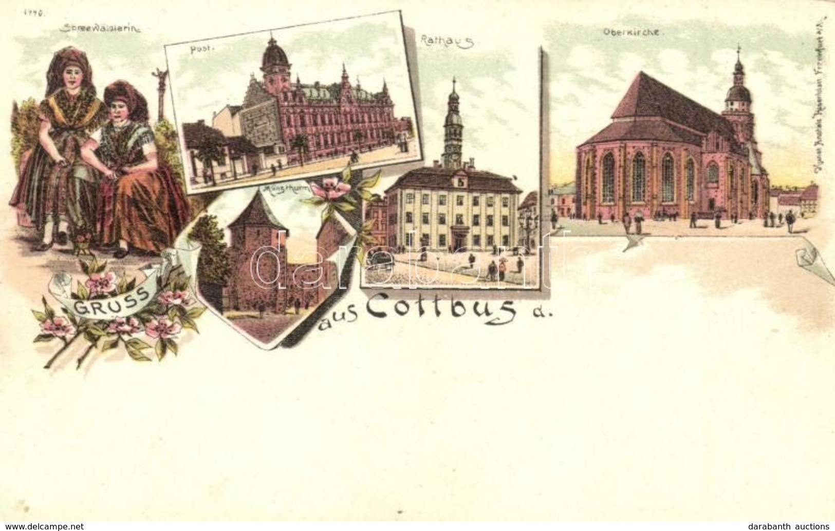 ** T2 Cottbus, Post, Rathaus, Oberkirche, Münzthurm, Spreewäldlerin / Post Office, Town Hall, Church, Tower, Folklore. K - Non Classificati