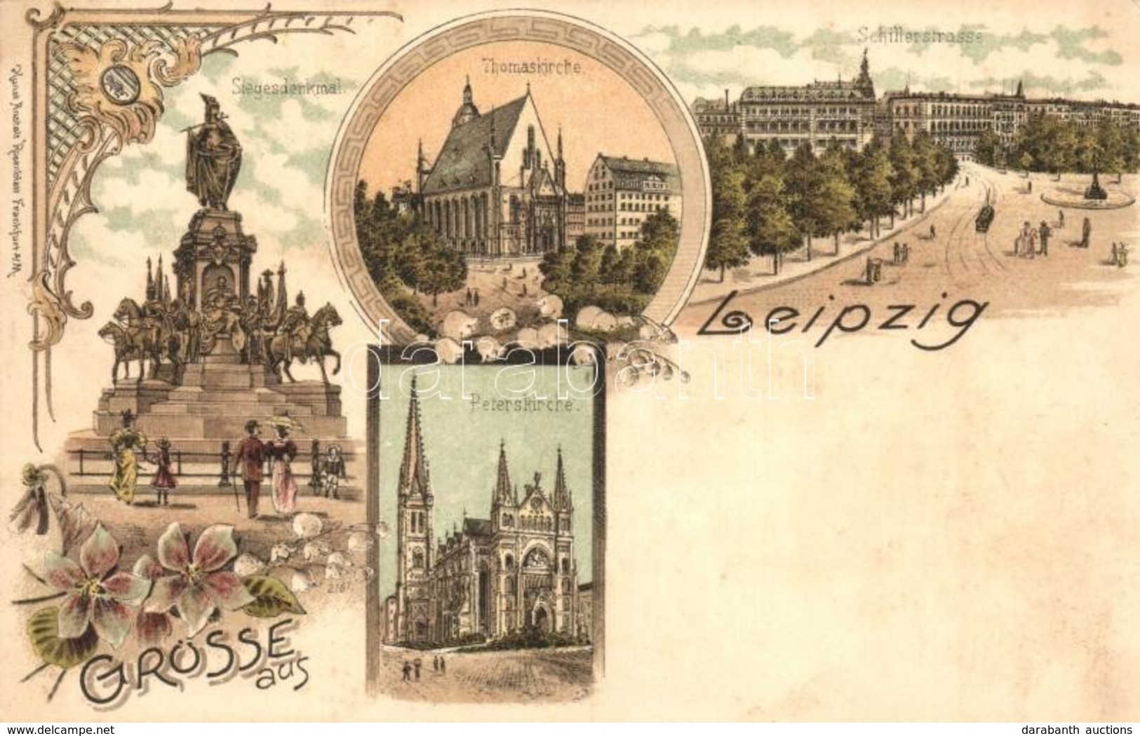 ** T2 Leipzig, Siegesdenkmal, Thomaskirche, Schillerstrasse, Peterskirche / War Monument, Church, Street. Kunstanstalt R - Non Classificati