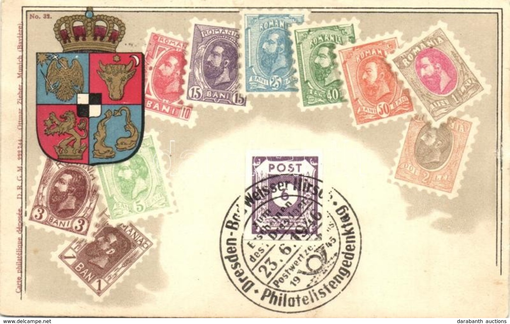 T2/T3 Romania - Coat Fo Arms With Set Of Stamps. Carte Philatélique Ottmar Zieher No. 32. Litho / Sent In 1948 - Ohne Zuordnung