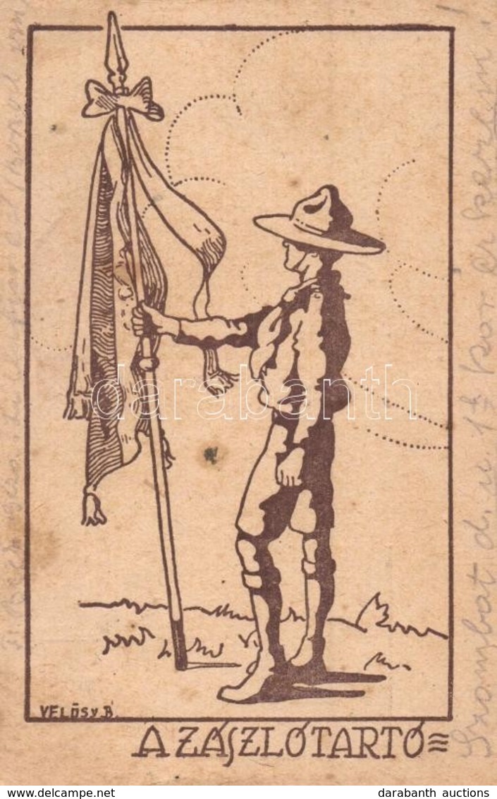T2/T3 1925 A Zászlótartó. Magyar Cserkész / Hungarian Scout Art Postcard S: Vel?sy B. (EK) - Unclassified