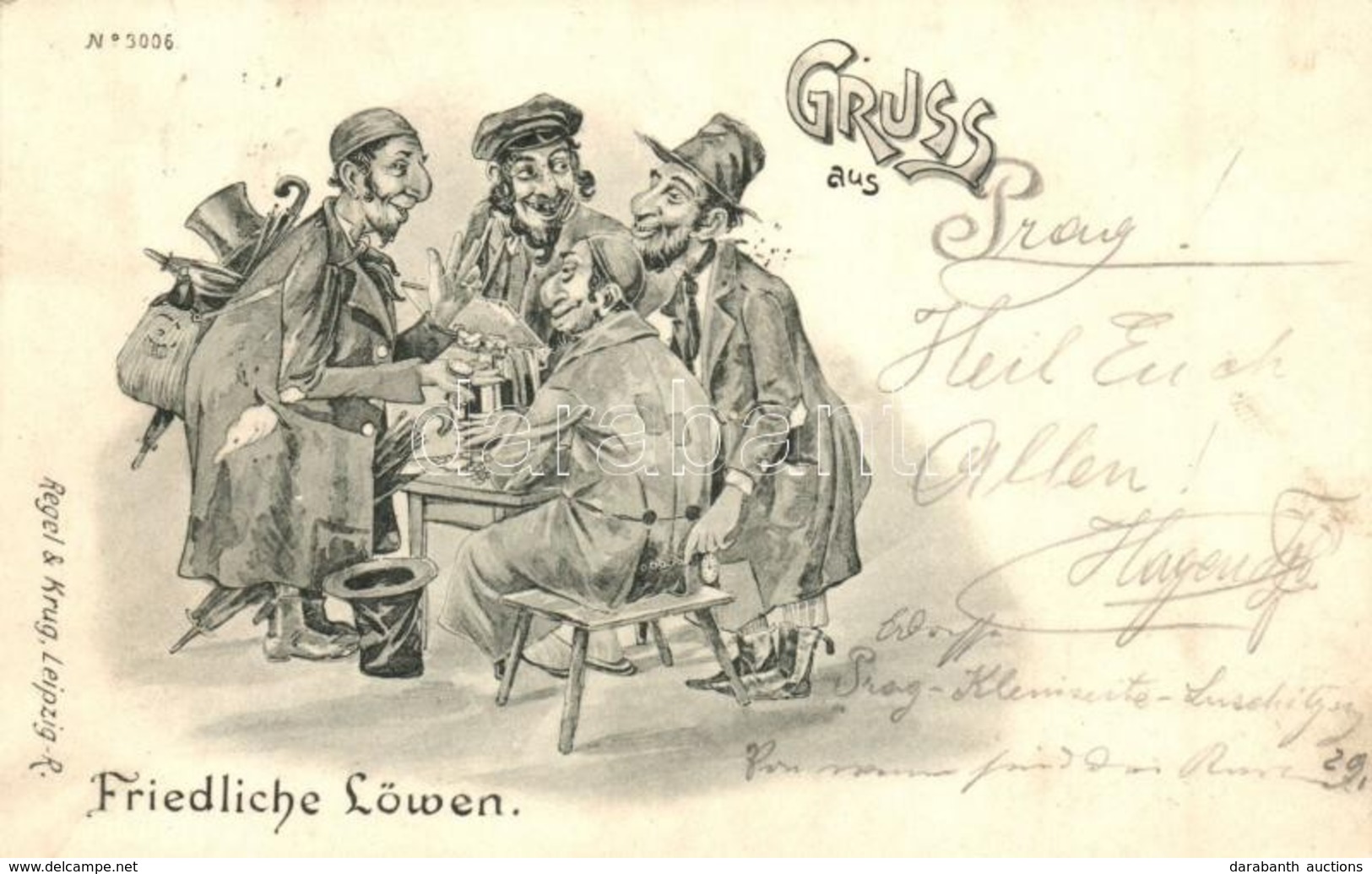 T2 1899 Grüss Aus Friedliche Löwen. Regel & Krug No. 3006. / Jewish Vendors, Anti-Semitic Humour. Judaica - Non Classificati