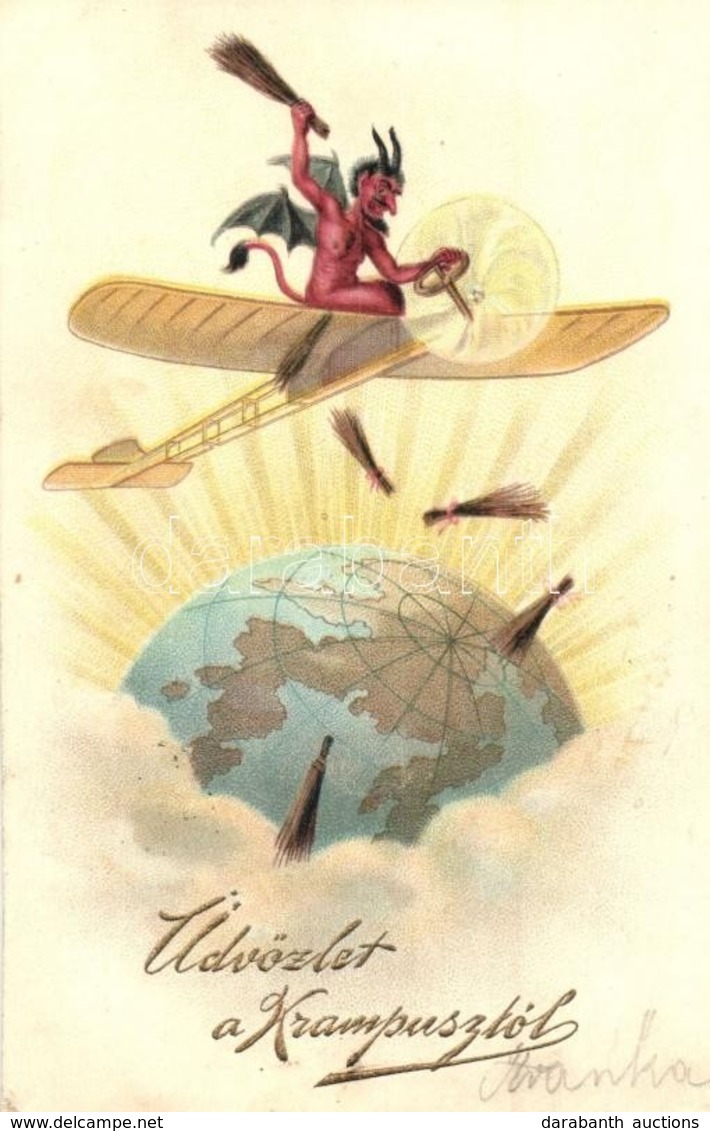 T2 1913 Krampusz Repül?gépben A Földgömb Körül / Krampus In Airplane Around The Globe. Special 5101. Emb. Litho - Unclassified