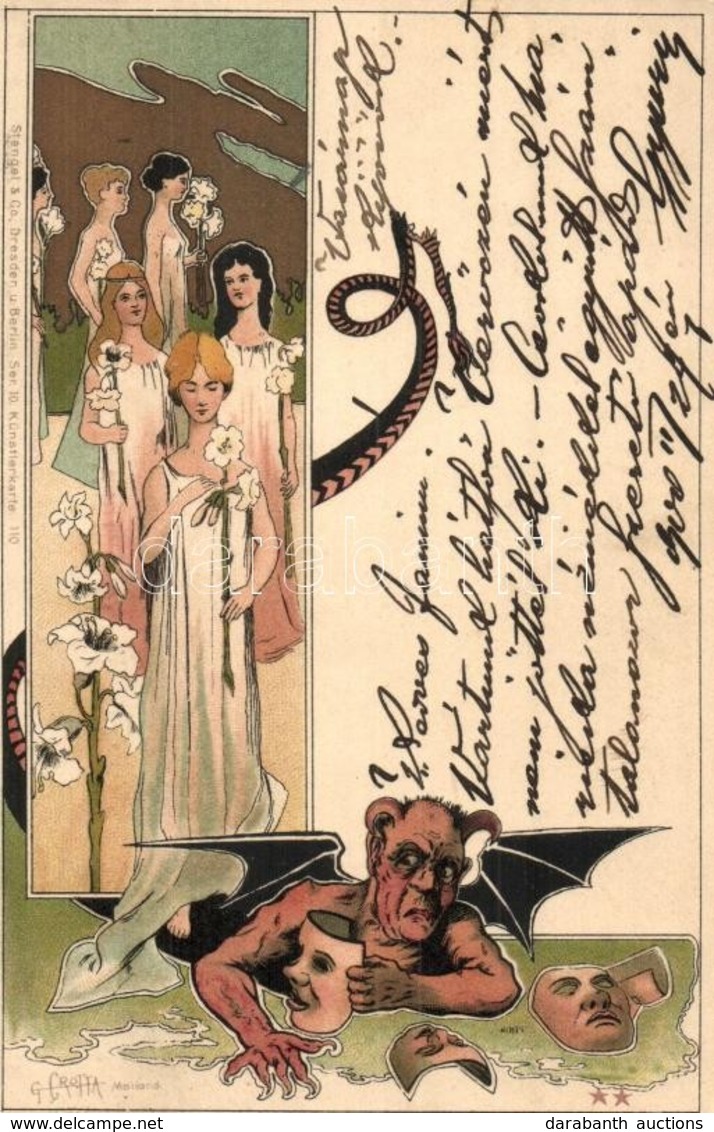 T2 1900 Art Nouveau Krampus With Ladies. Stengel & Co. Ser. 10. Künstlerkarte 110. Litho S: G. Crotta - Non Classificati