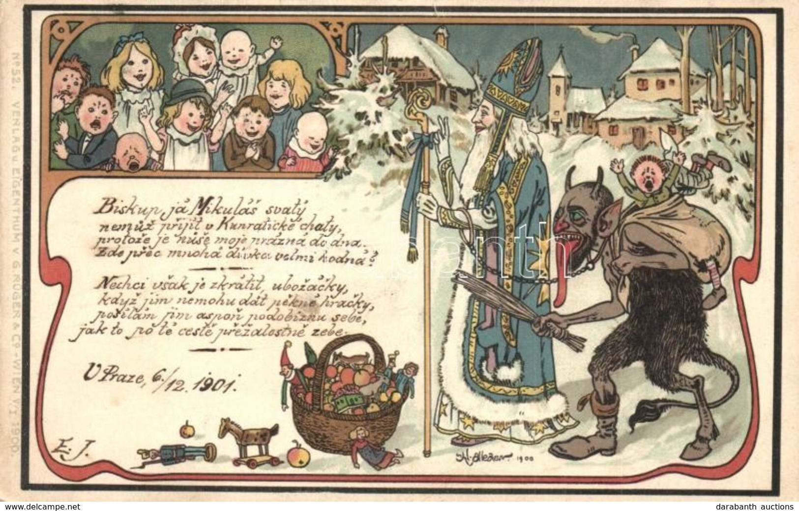 T2/T3 Saint Nicholas And Krampus Art Postcard. G. Rüger & Co. Wien V/I. 1900. No. 528. Art Nouveau Litho S: A. Elleder ( - Non Classificati