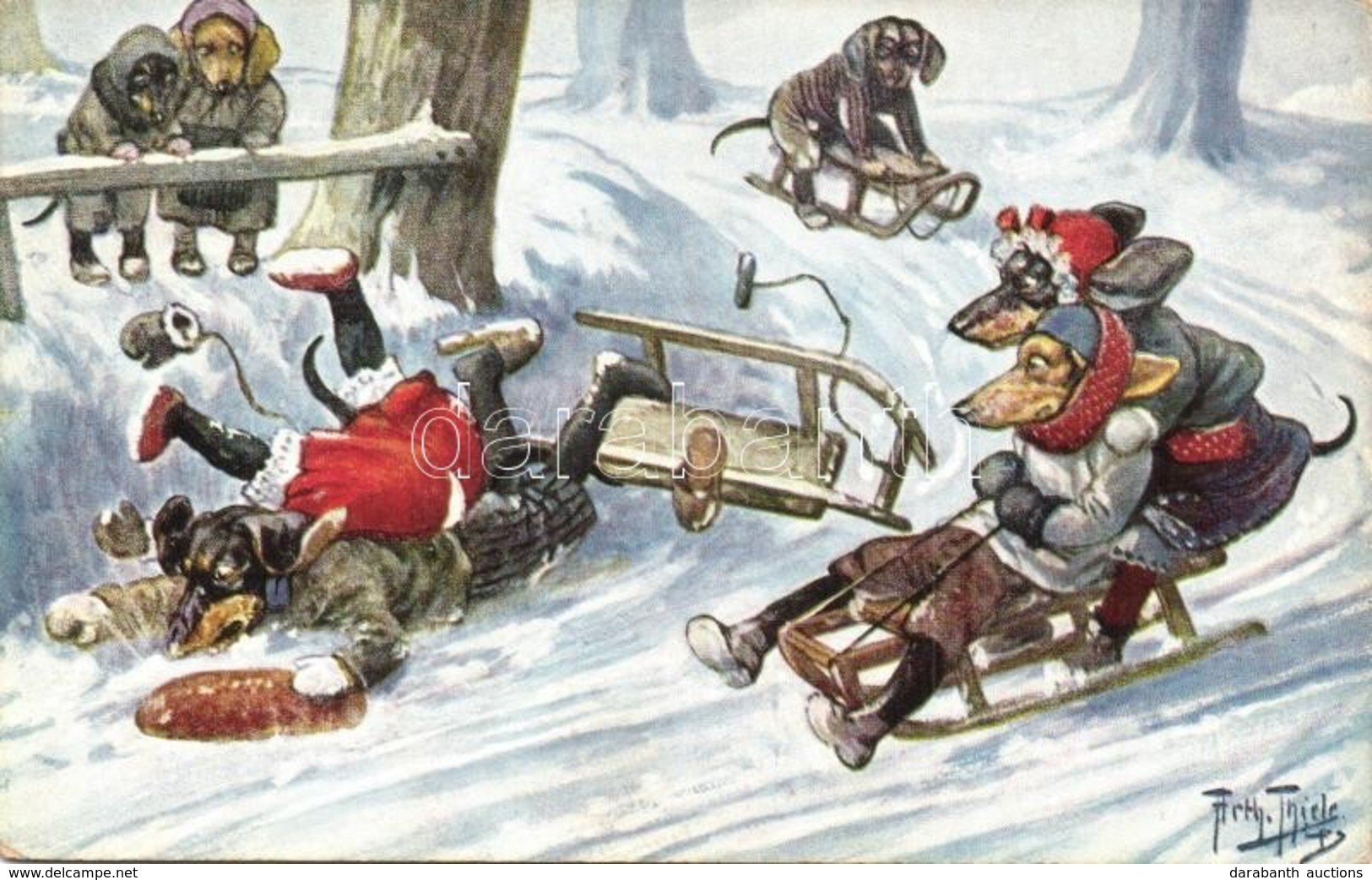 T2 1912 Sledding Dachshund Dogs In Winter. T.S.N. Serie 1195. S: Arthur Thiele - Non Classificati