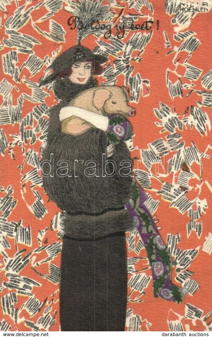 * T2/T3 1918 Boldog Új évet! / New Year Greeting Art Postcard. B.K.W.I. 3090-5. S: Mela Koehler - Non Classificati