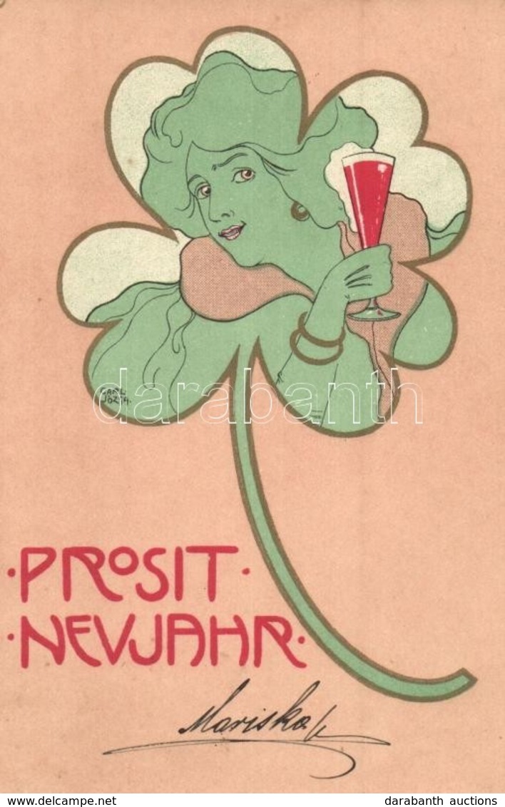 T2 1903 Prosit Neujahr / Clover Lady With A Glass Of Champagne. Art Nouveau S: Carl Józsa - Non Classificati