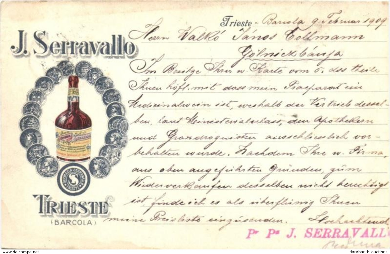 T2/T3 1909 J. Serravallo Farmacia Chinese Wine Advertisement Art Postcard. Trieste Barcola - Non Classificati